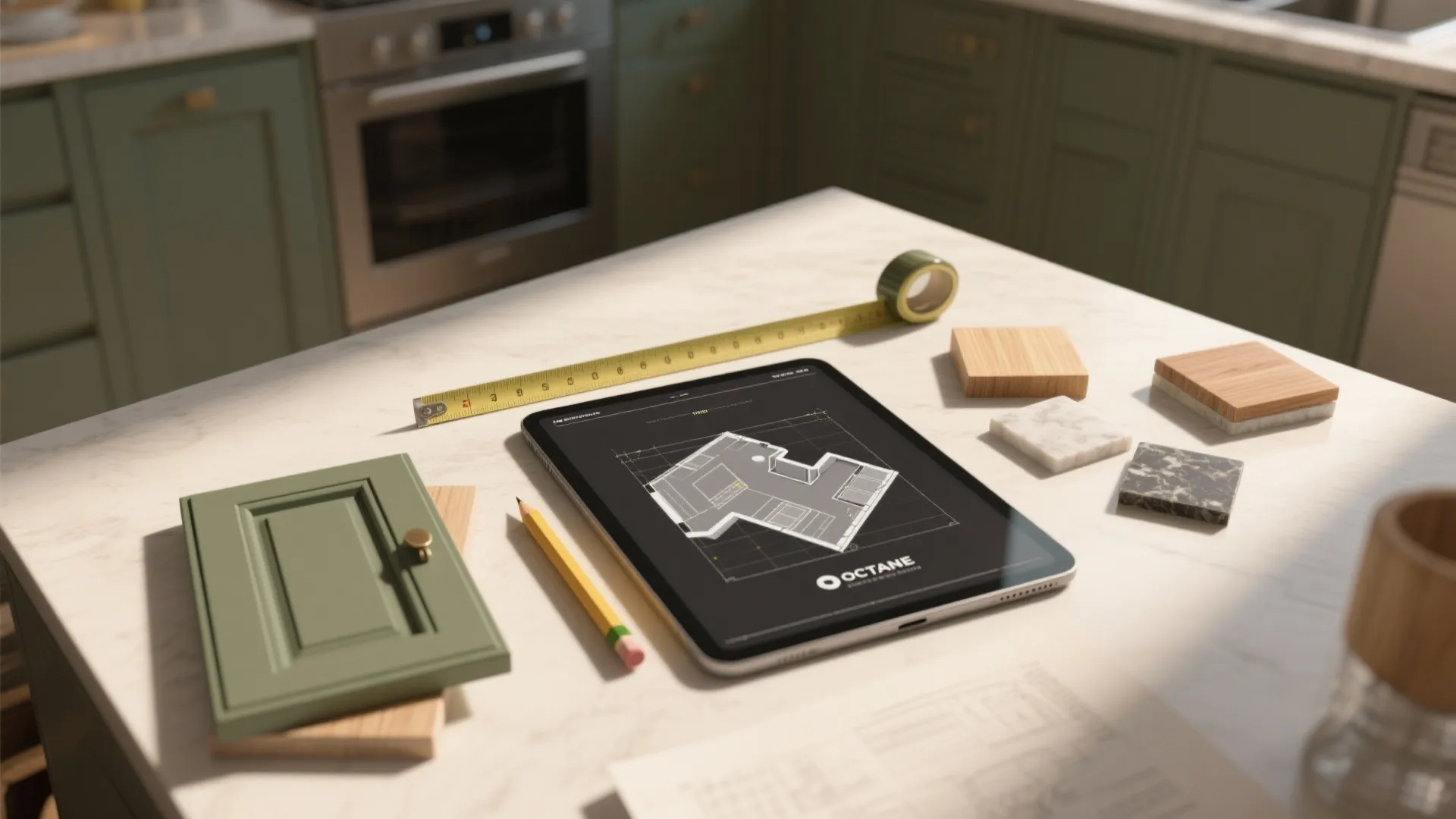 Tablet displaying room layout with tape measure pencil and material samples on white marble counter