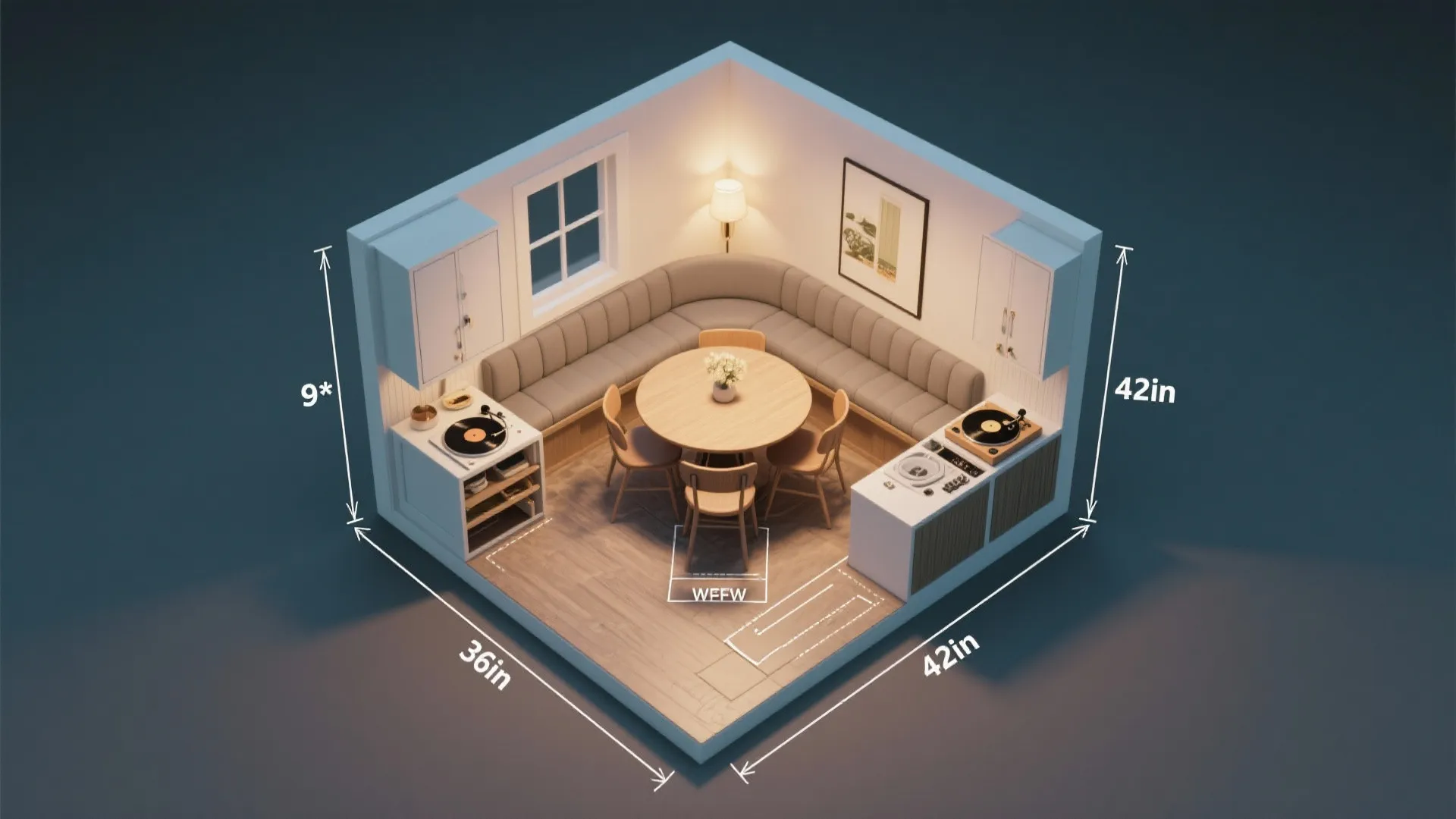 Interior design drawing of small dining room showing dimensions for furniture and the room layout