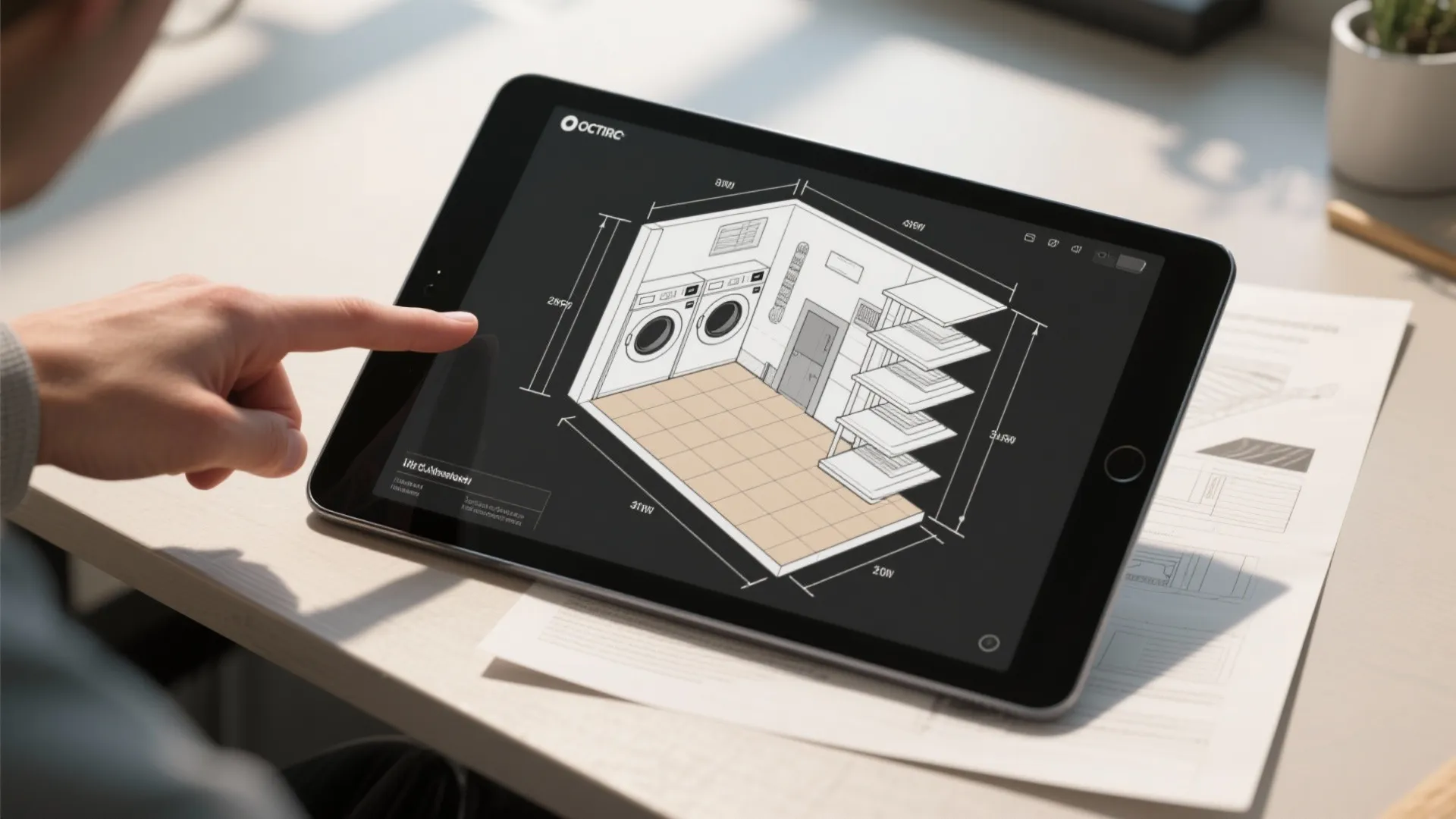 A tablet screen displaying a technical interior design drawing of a laundry room floor layout