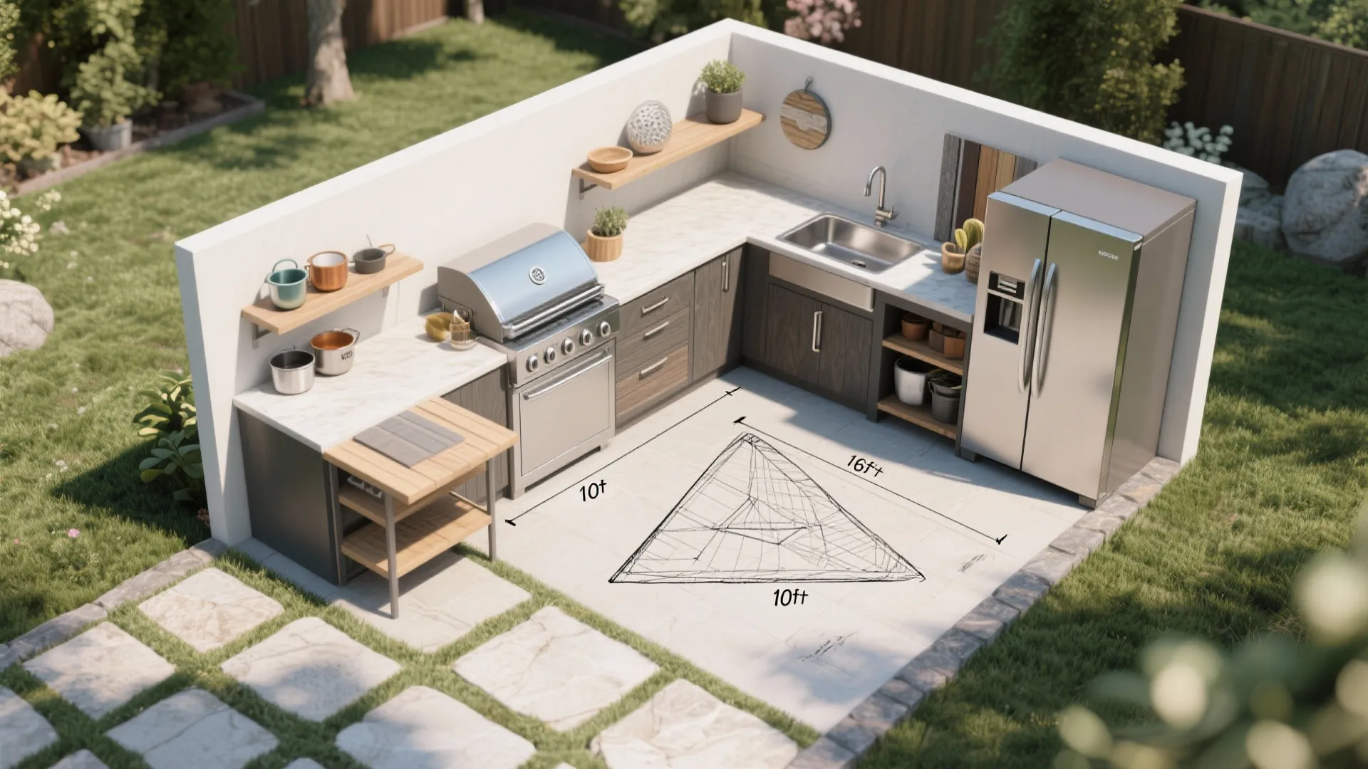 Outdoor kitchen layout plan with dimensions showing grill sink fridge and work triangle area design