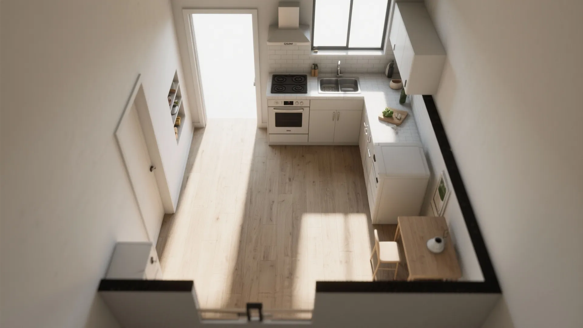Top down interior design drawing of a small white kitchen with wood floor and light