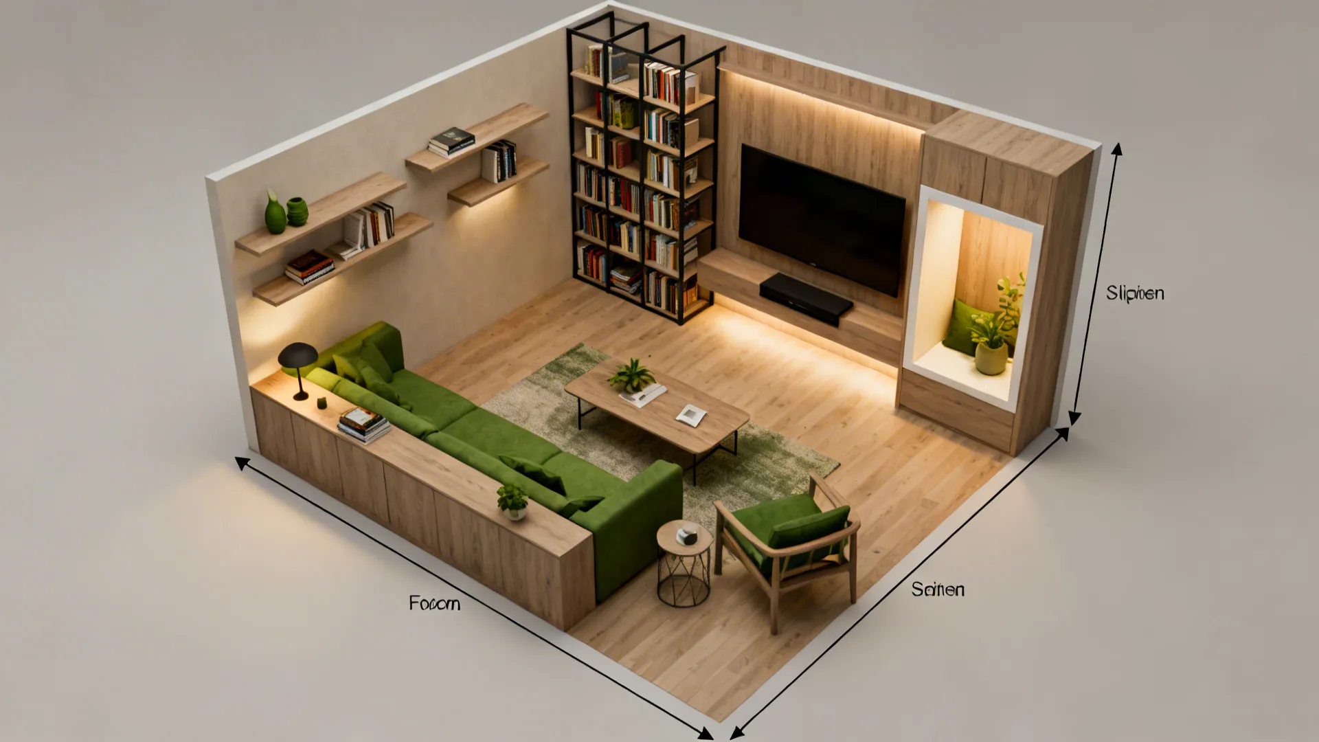 Modern interior design drawing showing green sofa coffee table bookshelf and wooden floor in room layout
