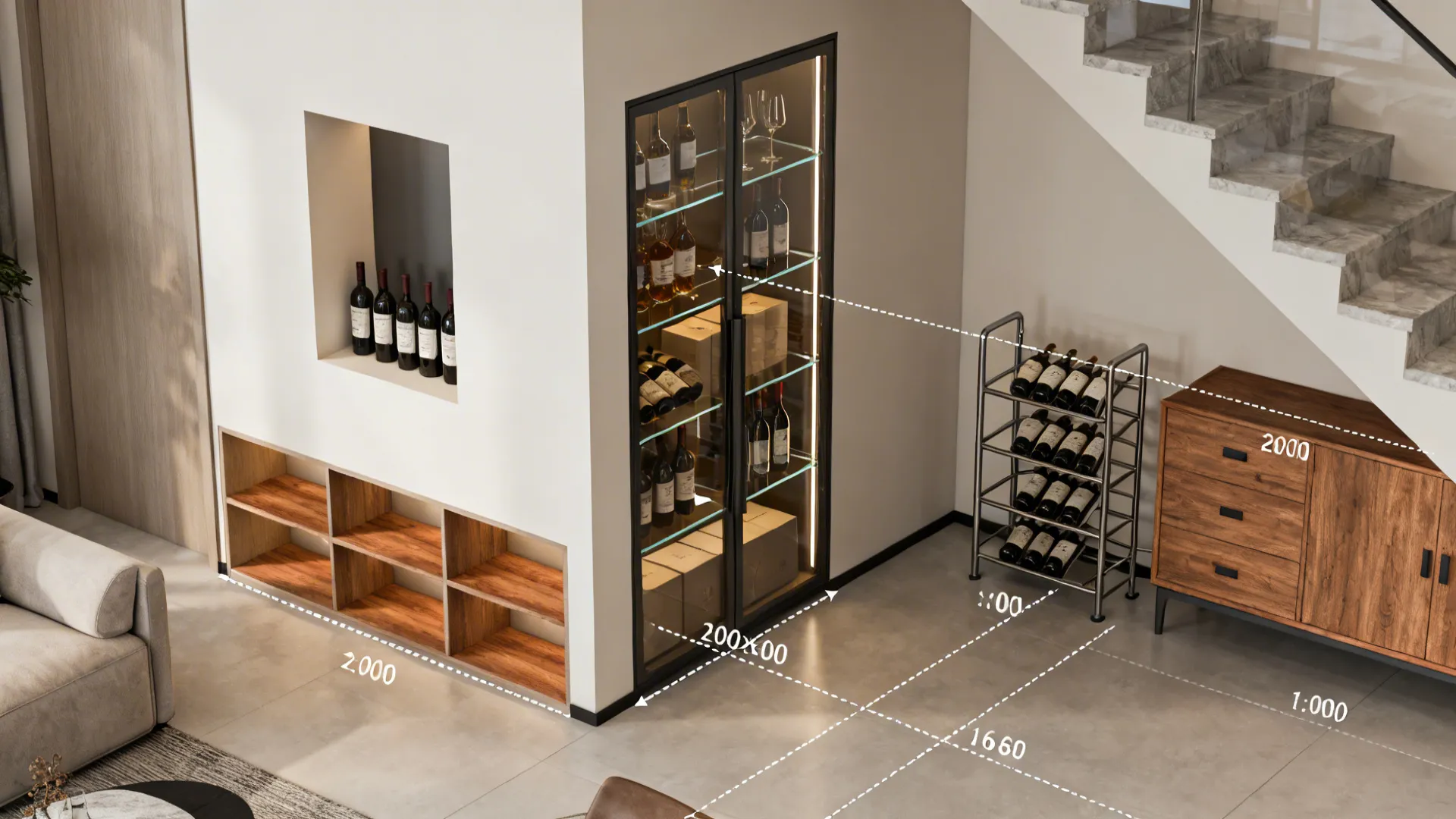 Top-down 3D mockup showing living room wine storage placement options and sightlines