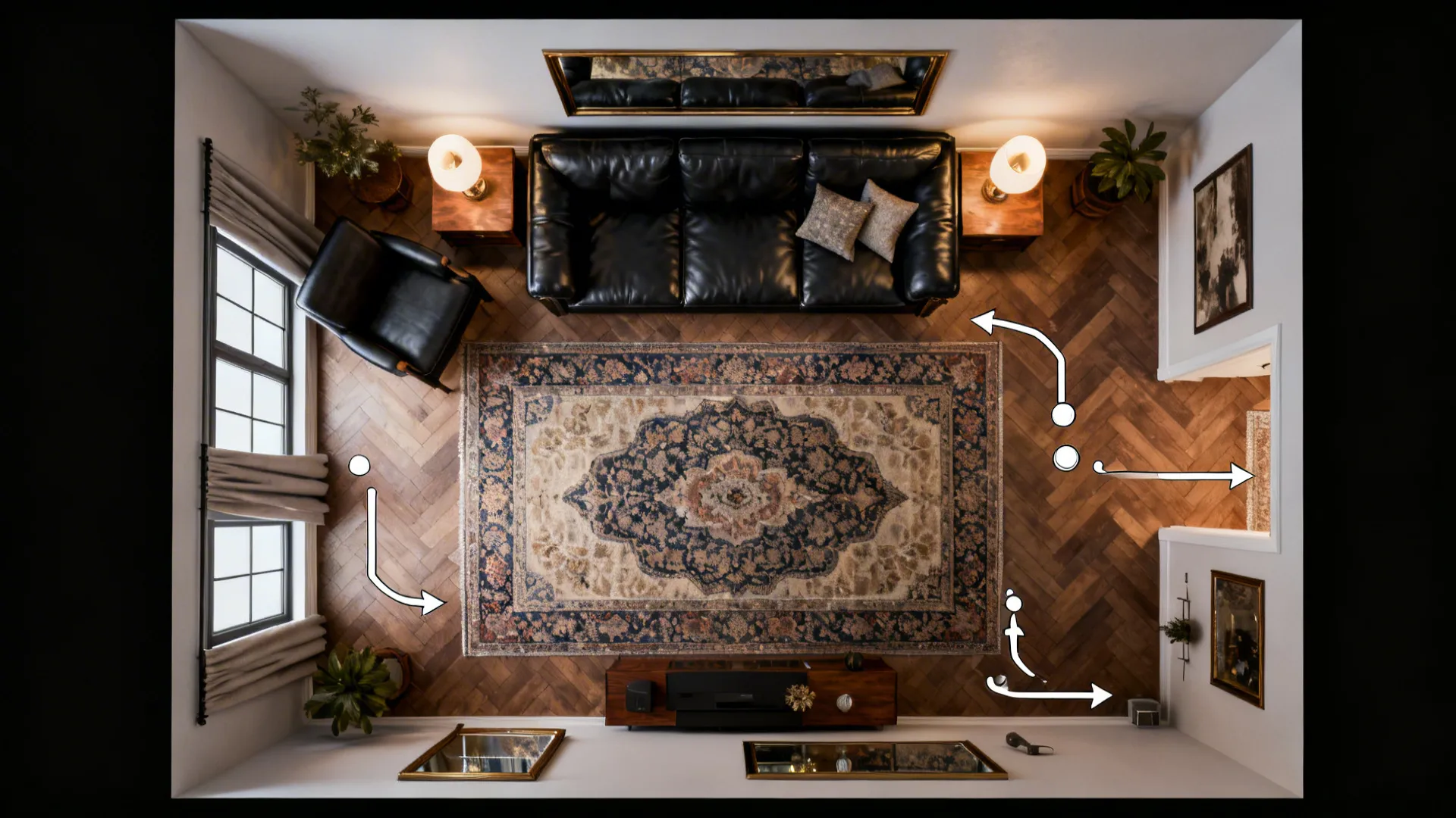 Top-down room layout showing how a black leather sofa fits in a small living room with rugs and lighting