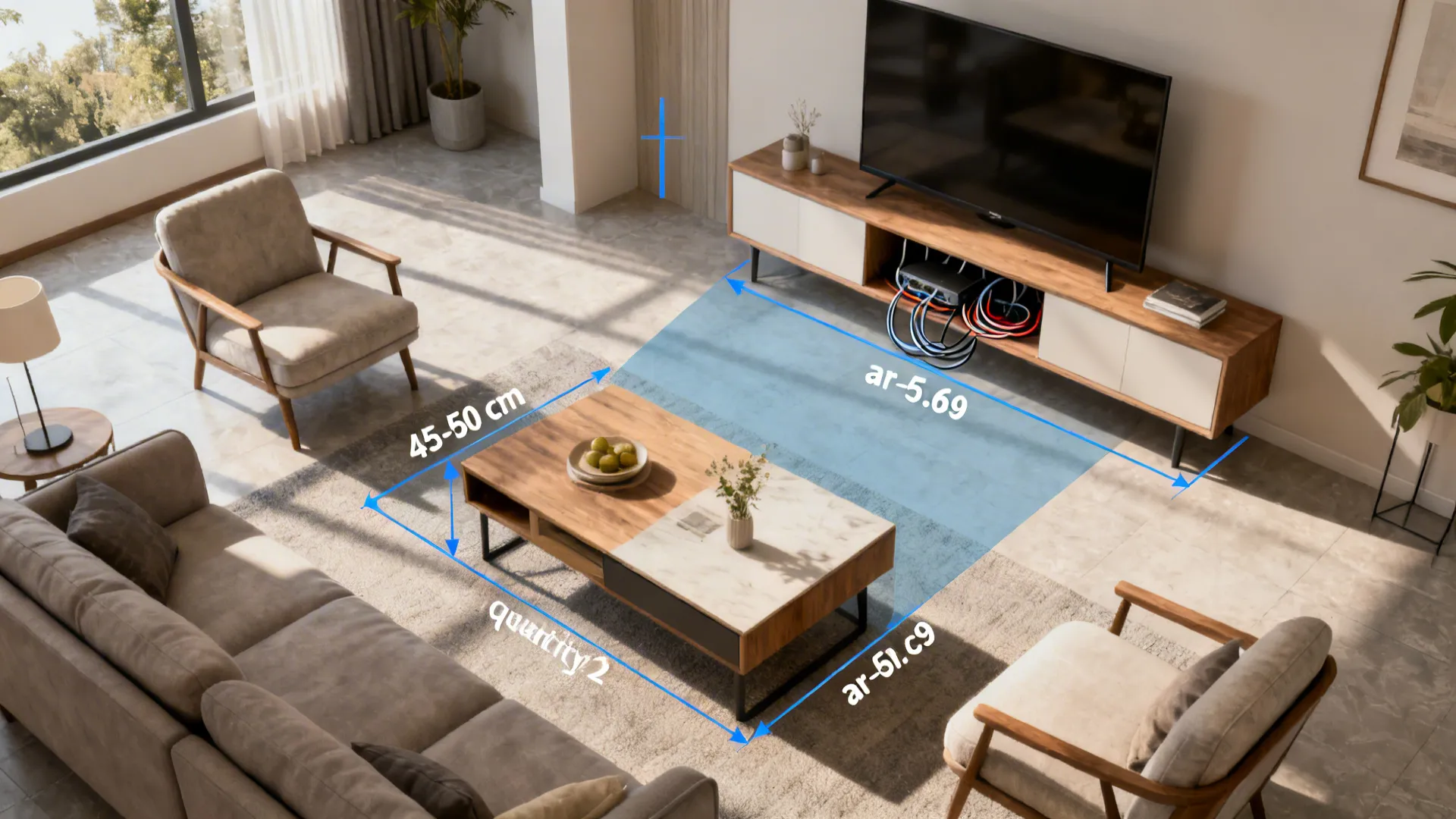 Top-down living room plan illustrating sightlines, coffee table clearance, and cable routing for a TV stand.