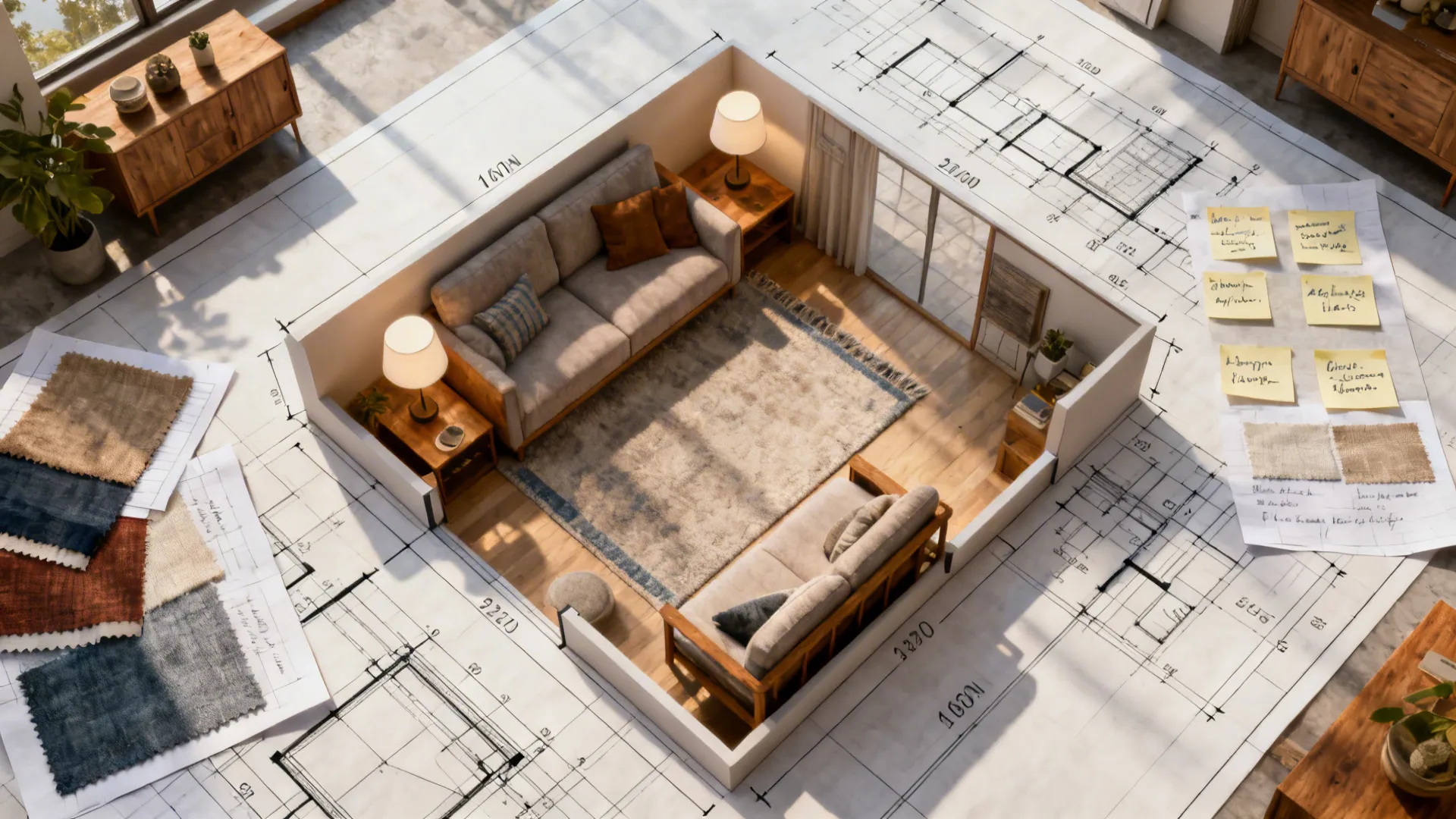 Top-down room planner layout showing measurements, rug placement, and furniture priorities