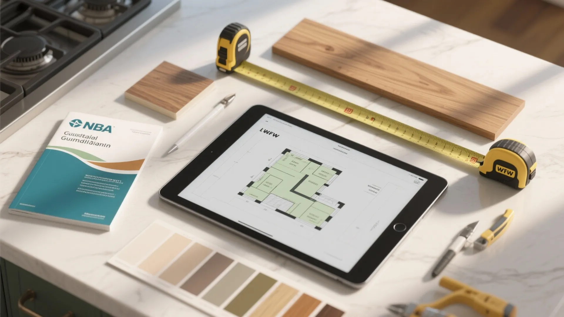 Tablet displaying room layout design with measuring tapes wood samples and color palette on marble surface