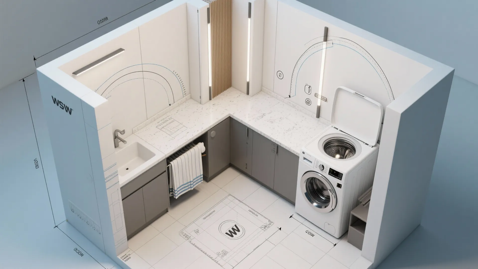 Interior design drawing showing laundry room layout with white washing machine sink and grey cabinets