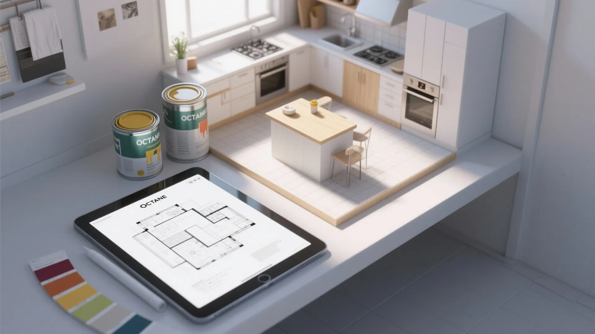 Tablet showing interior design drawing next to paint cans color palette and small kitchen model
