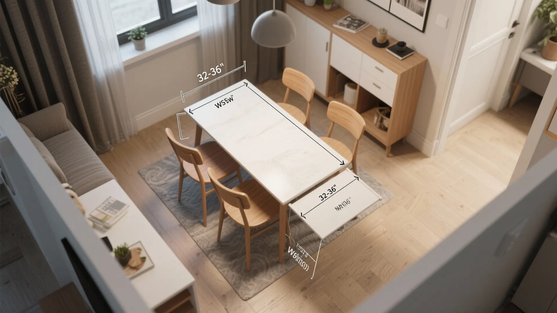 Top-down 3D planning view of a dining nook with four wooden chairs and clearance annotations.
