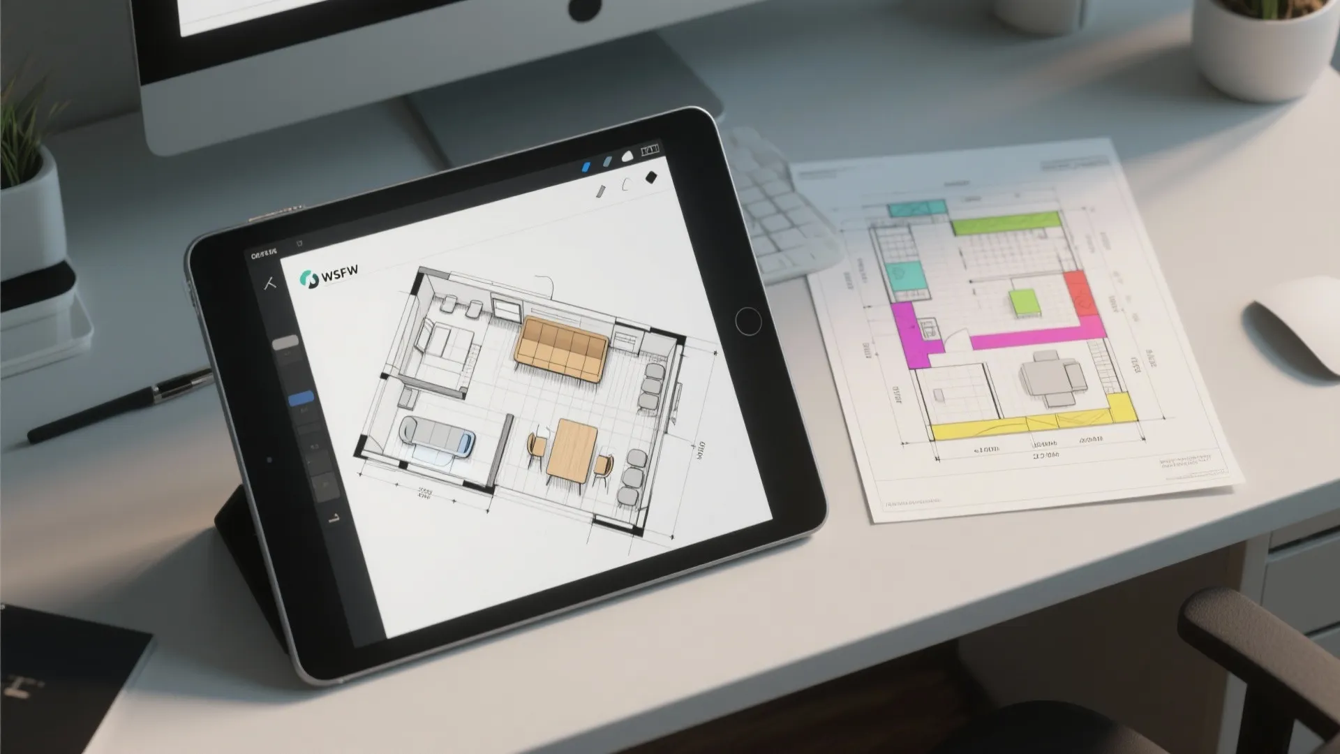 Top-down view of a quick layout and 3D floor plan with furniture blocks and circulation paths.