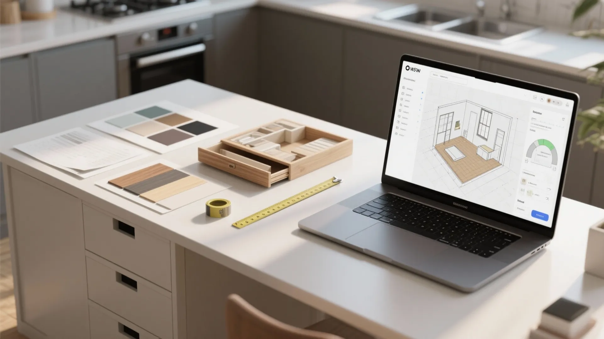 Laptop on white kitchen island showing interior design drawing room layout next to material samples