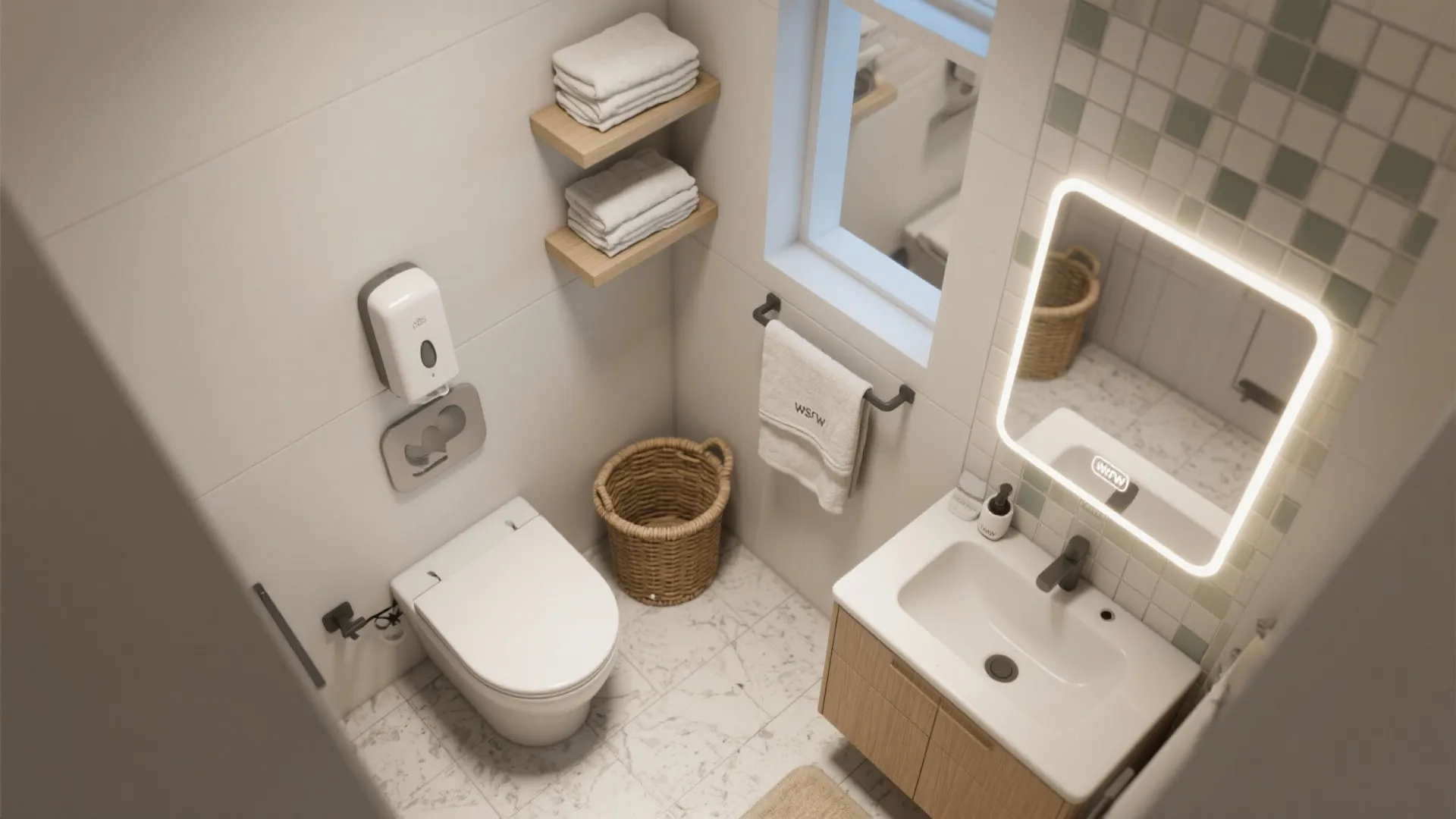 Top-down mockup of a tiny bathroom layout with recommended white accessories highlighted.