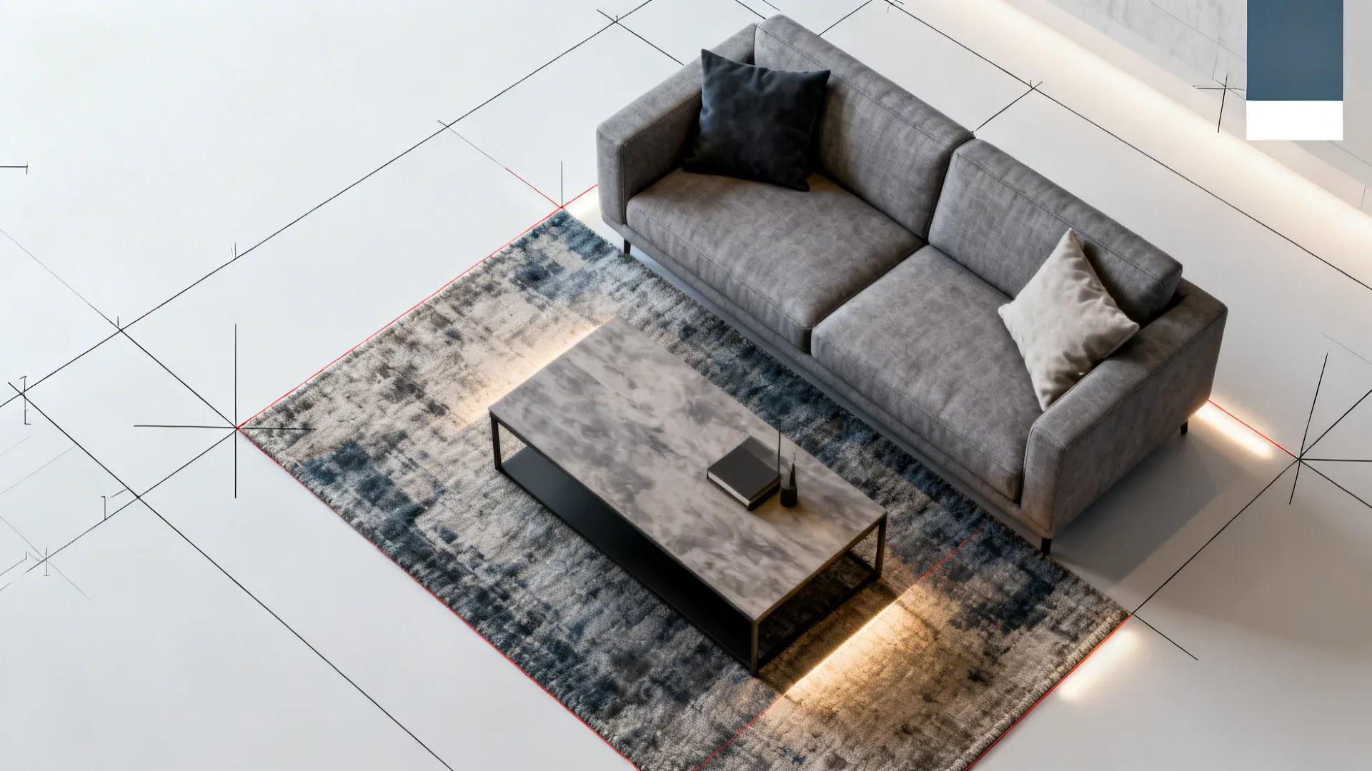 Top-down layout visualization showing sofa placement, rug and circulation for a small living room.