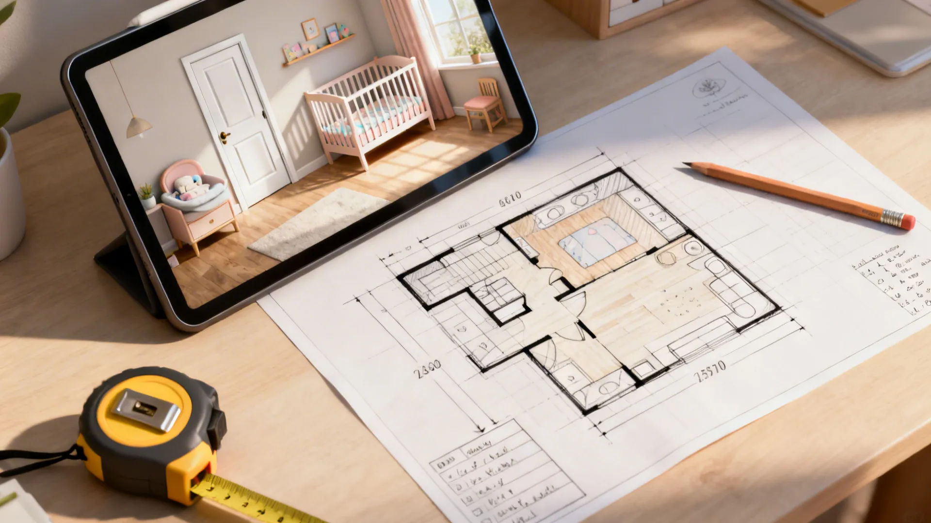 Top-down view of a nursery layout sketch and digital room planner showing furniture placement.