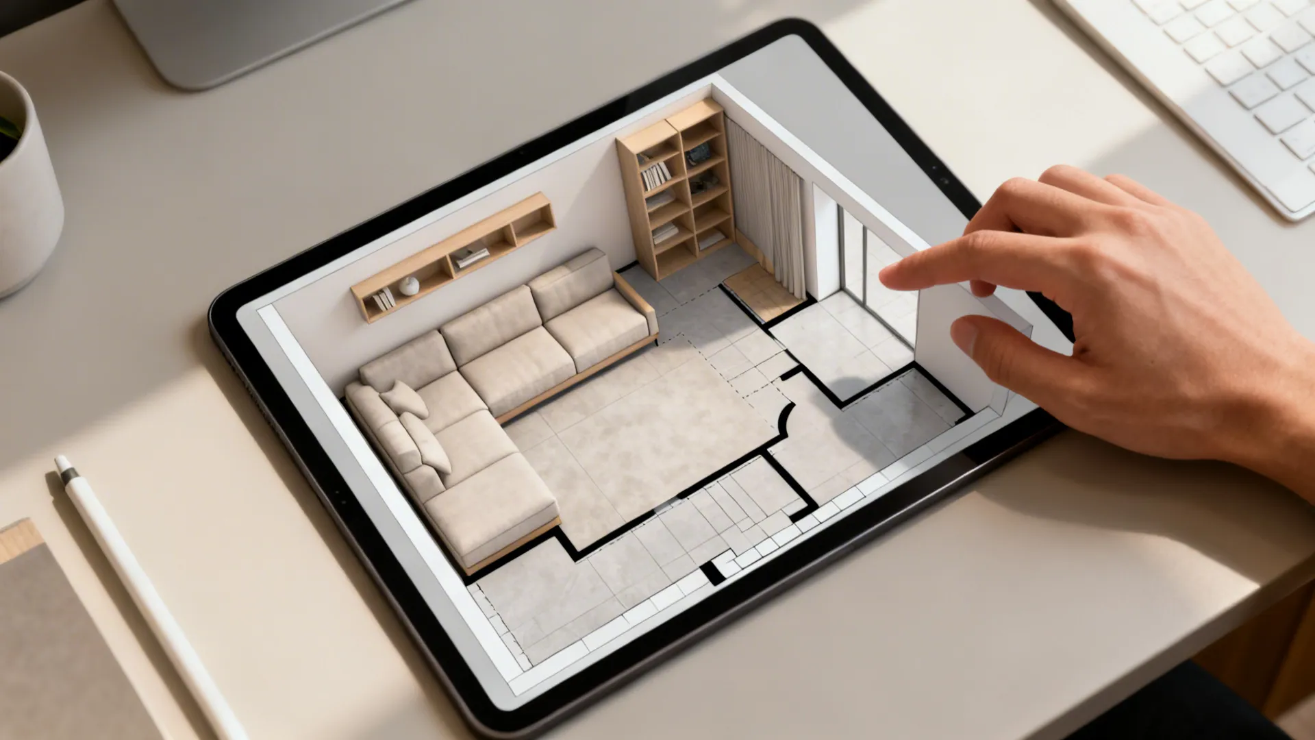Top-down view of a tablet showing a 3D floor plan for a compact living room with modular furniture.
