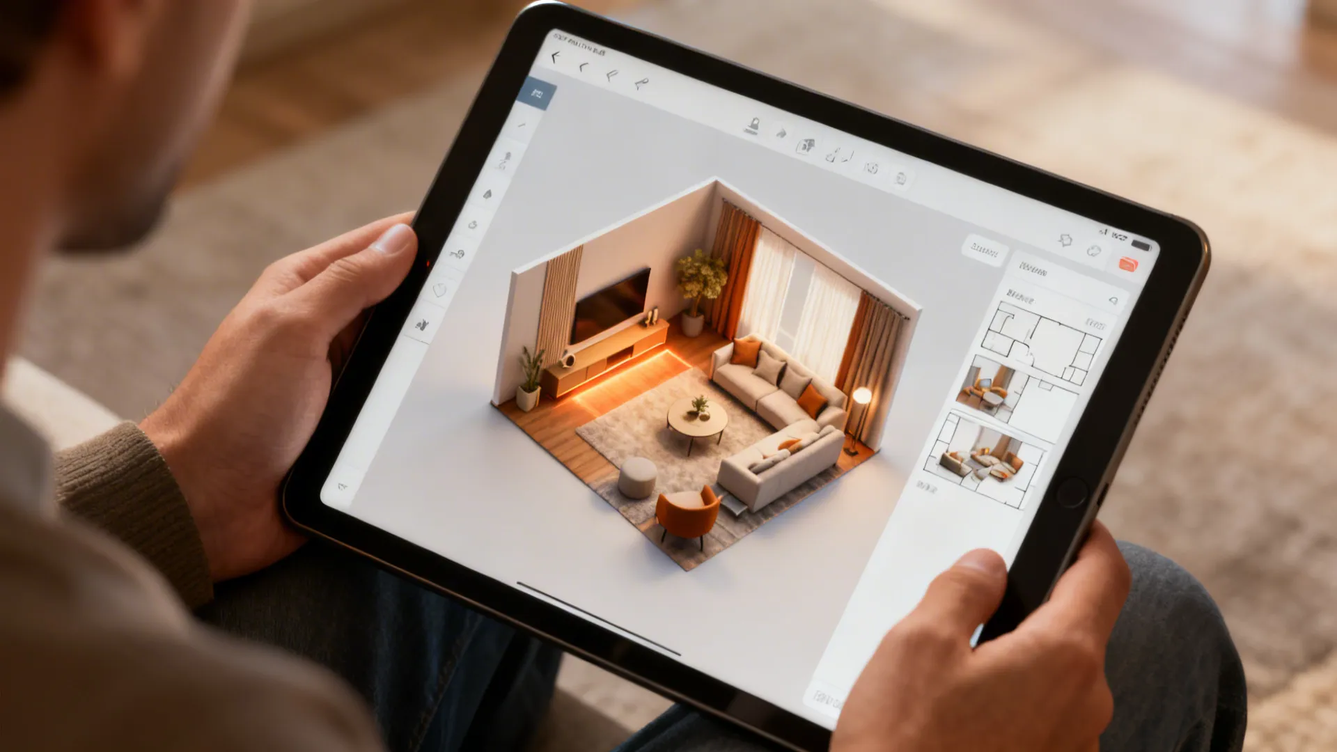 Top-down view of a tablet showing a 3D planner with a cozy small living room layout and highlighted focal zone.