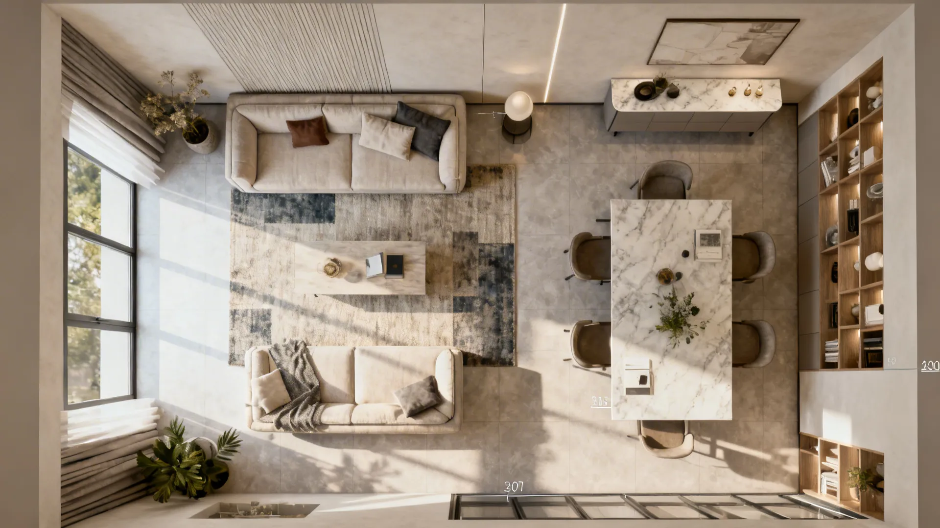 Top view room layout showing living area with sofas and dining area with marble table