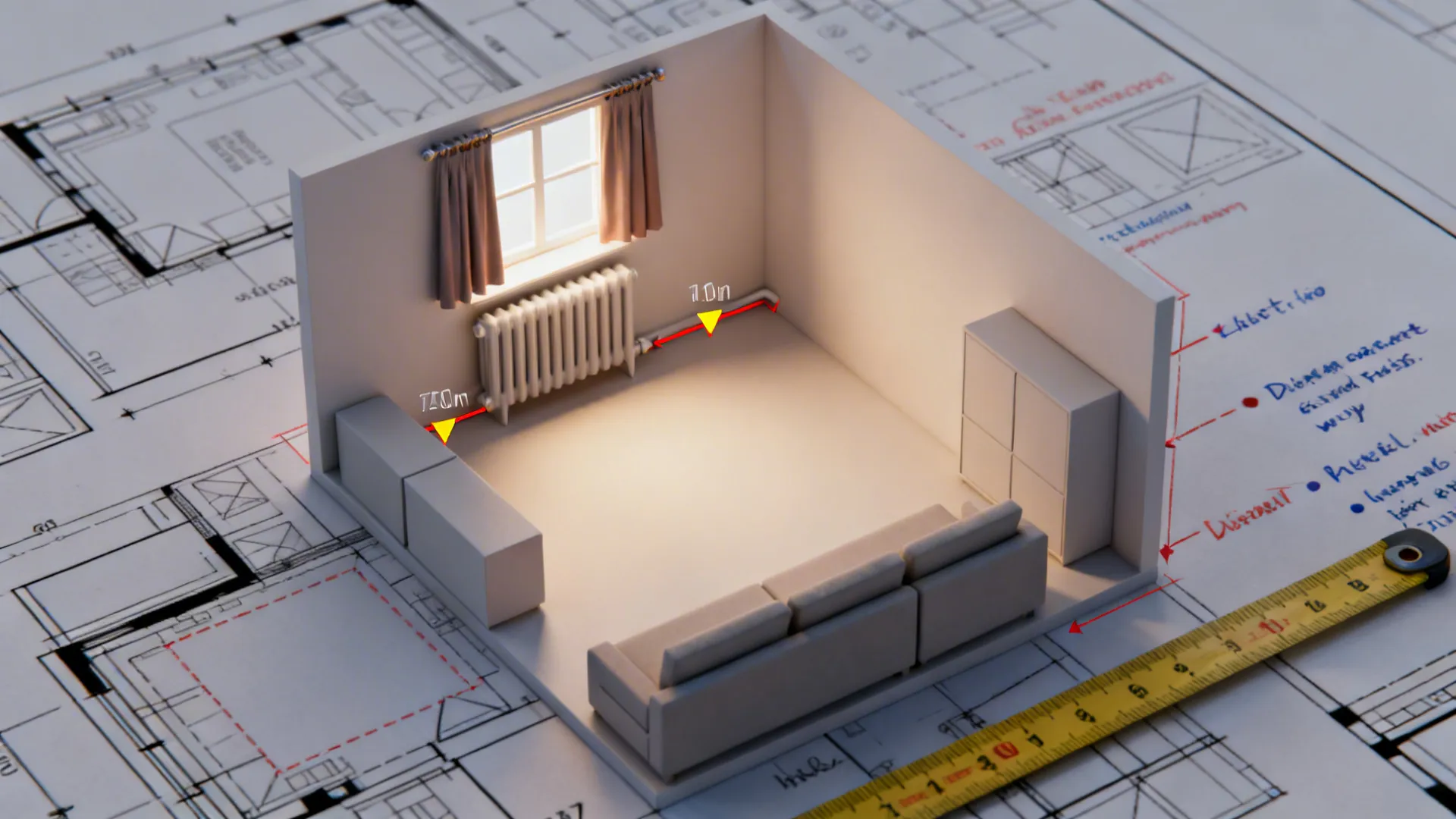 Top-down room planner mockup showing window, furniture blocks and curtain placement notes.