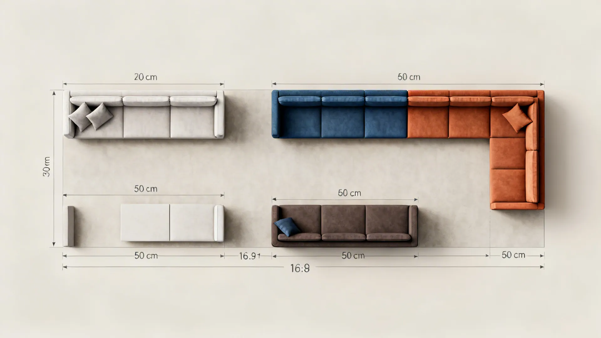 Top-down room planner showing sofa options and circulation clearances in a narrow drawing room