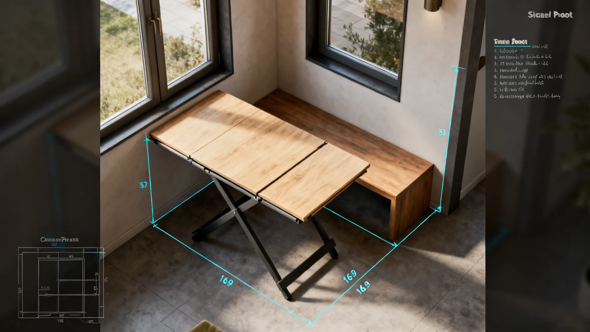 Top-down room planner mockup showing furniture footprint and clearance for a small dining nook.