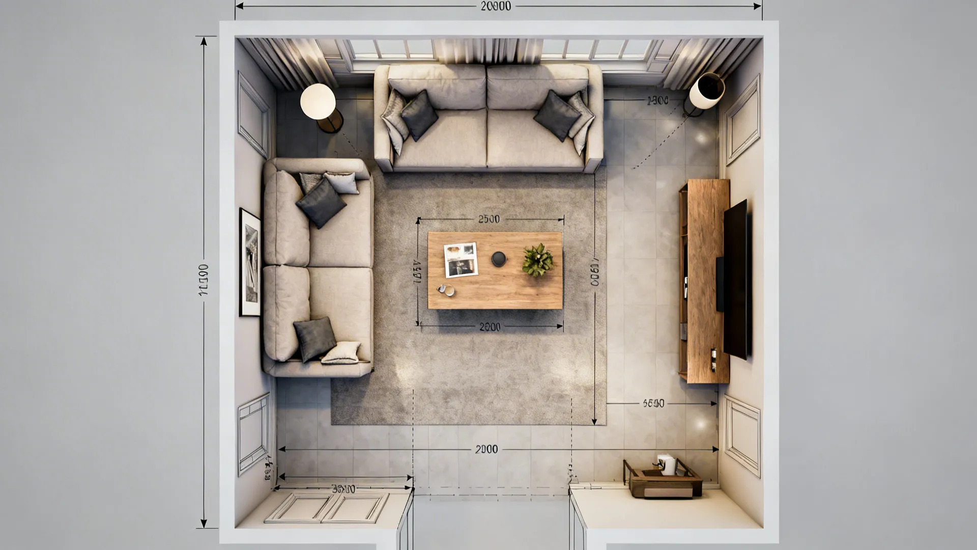 Top-down 3D floor planner view showing furniture footprints and clearance in a small living room.