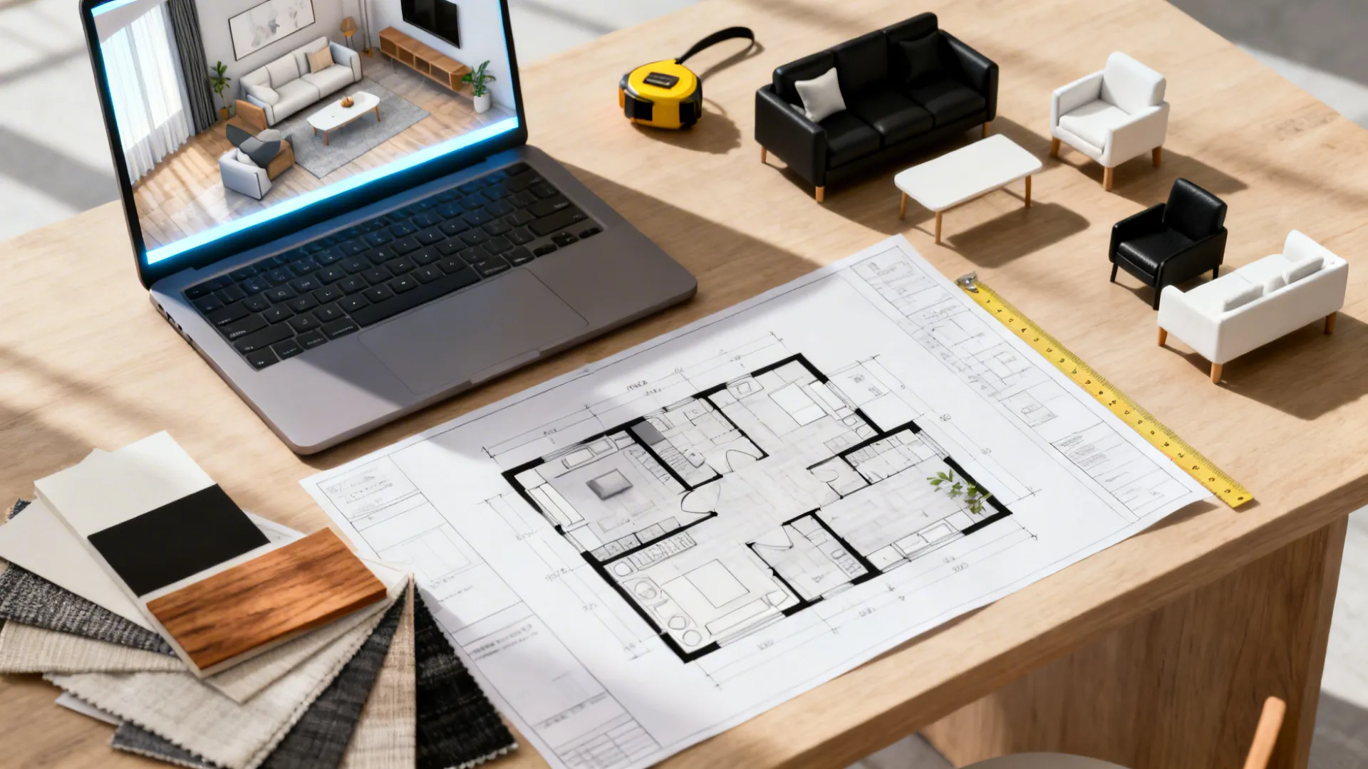 Top-down view of a layout planning session with a laptop 3D planner, floor plans and material swatches.