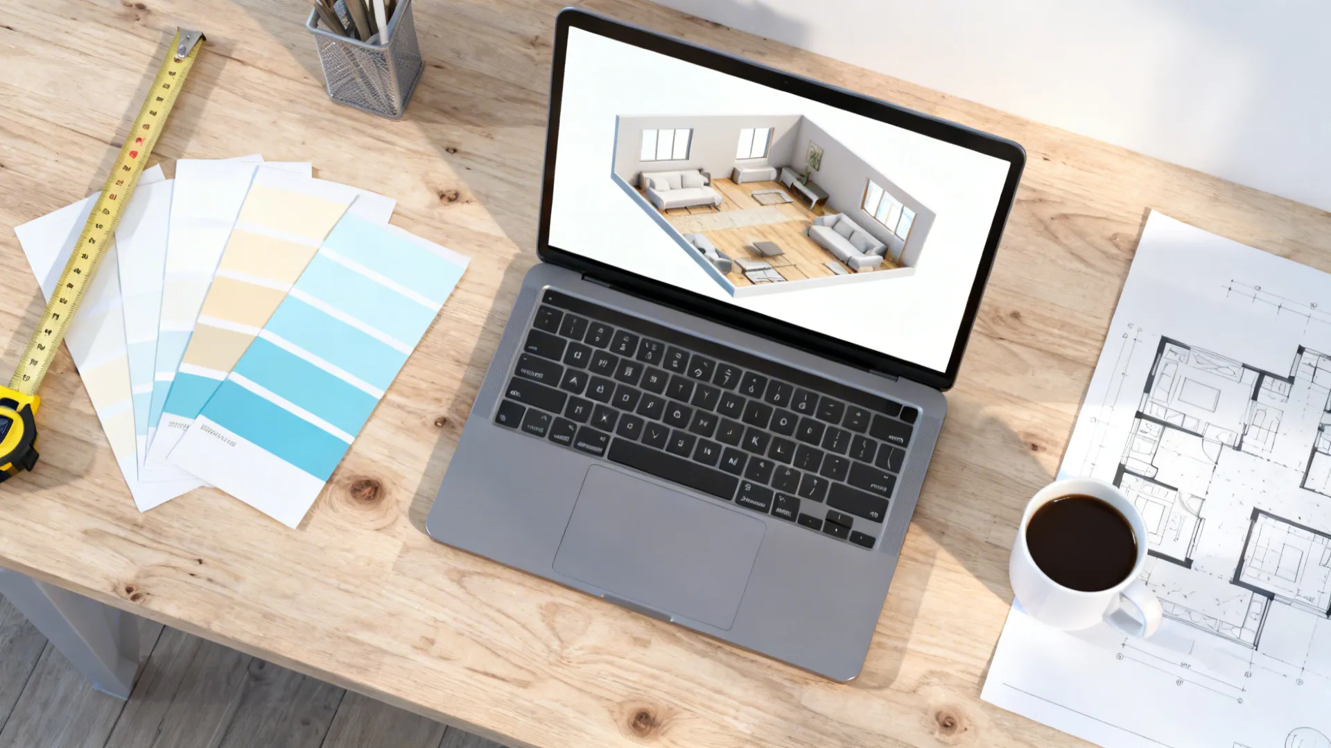 Laptop showing a 3D interior design drawing surrounded by color swatches and a floor plan