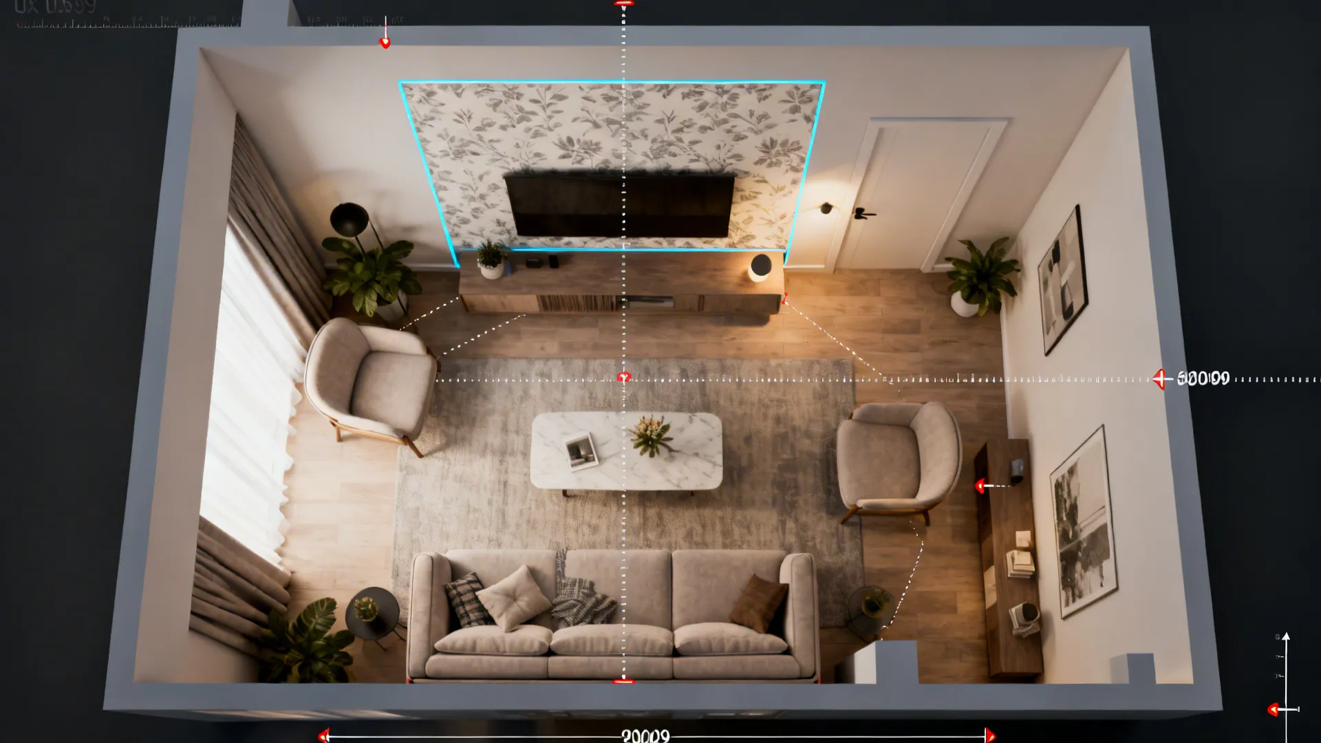 Interior design drawing showing top view of living room layout with sofa armchairs and measurements