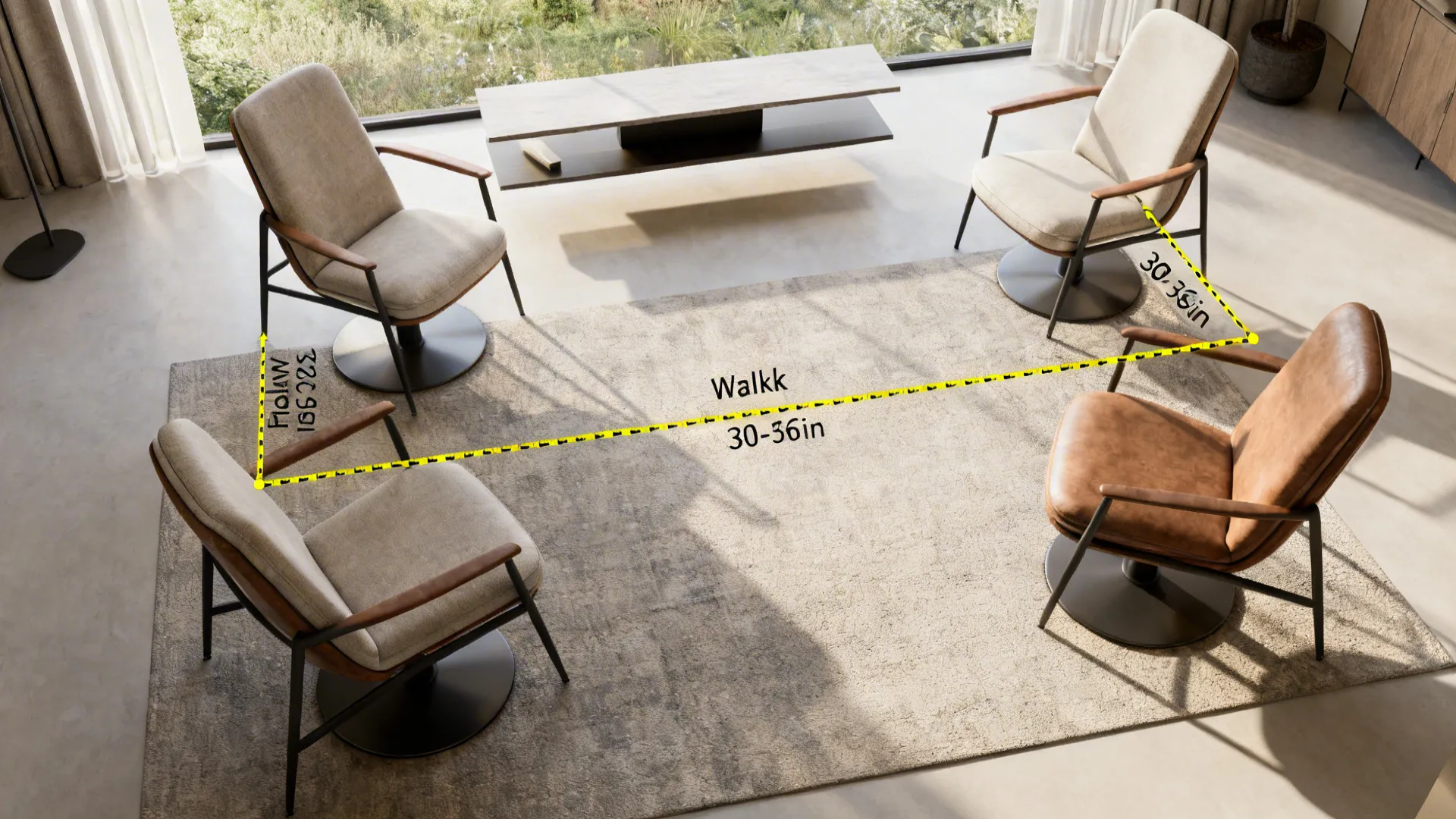 Top-down planner view showing furniture clearances and layout tips for a small living room