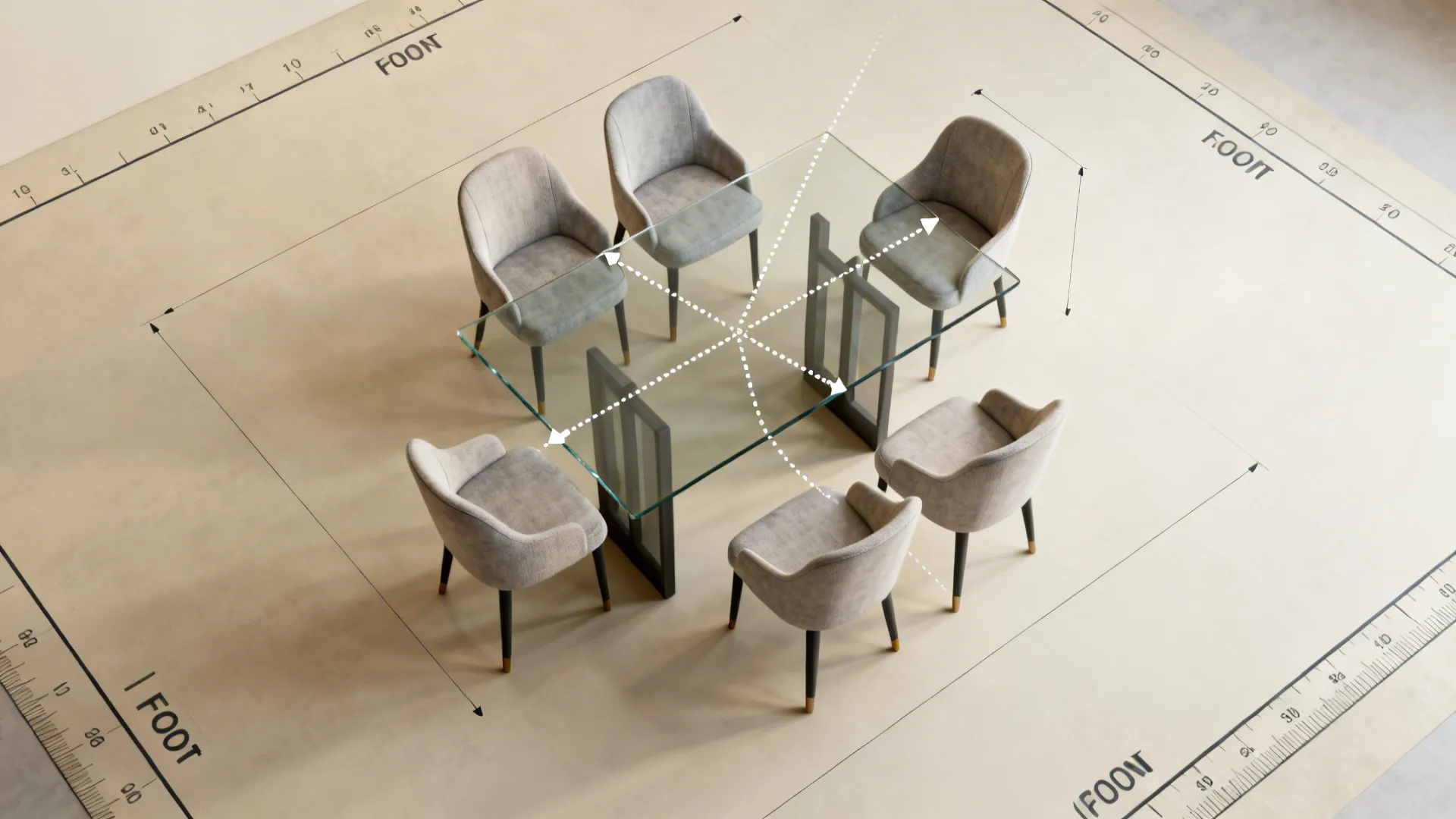 Interior design drawing showing a glass dining table with grey chairs and room layout measurements