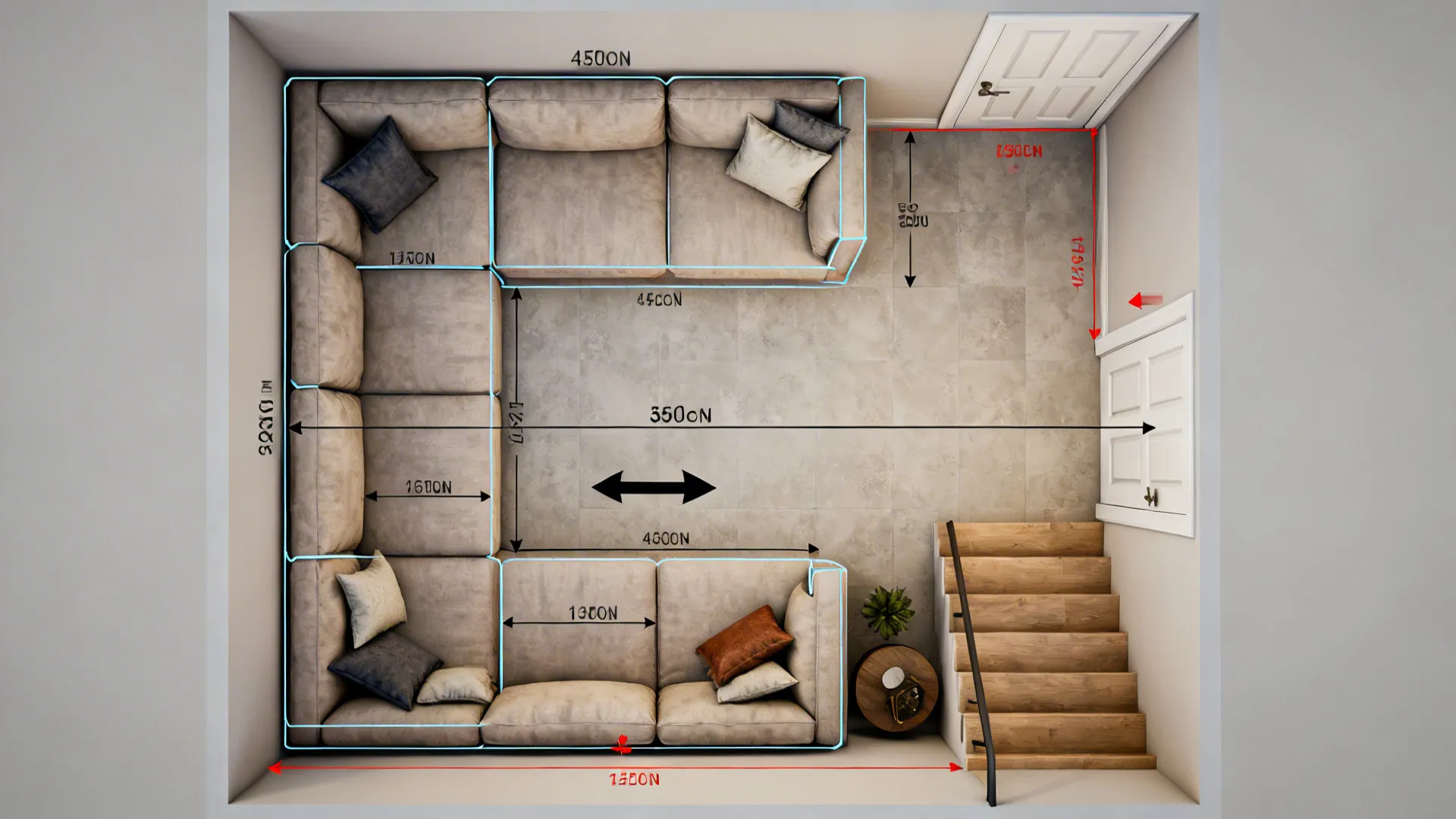 Top-down 3D planning mockup showing furniture layout, measurements and circulation.