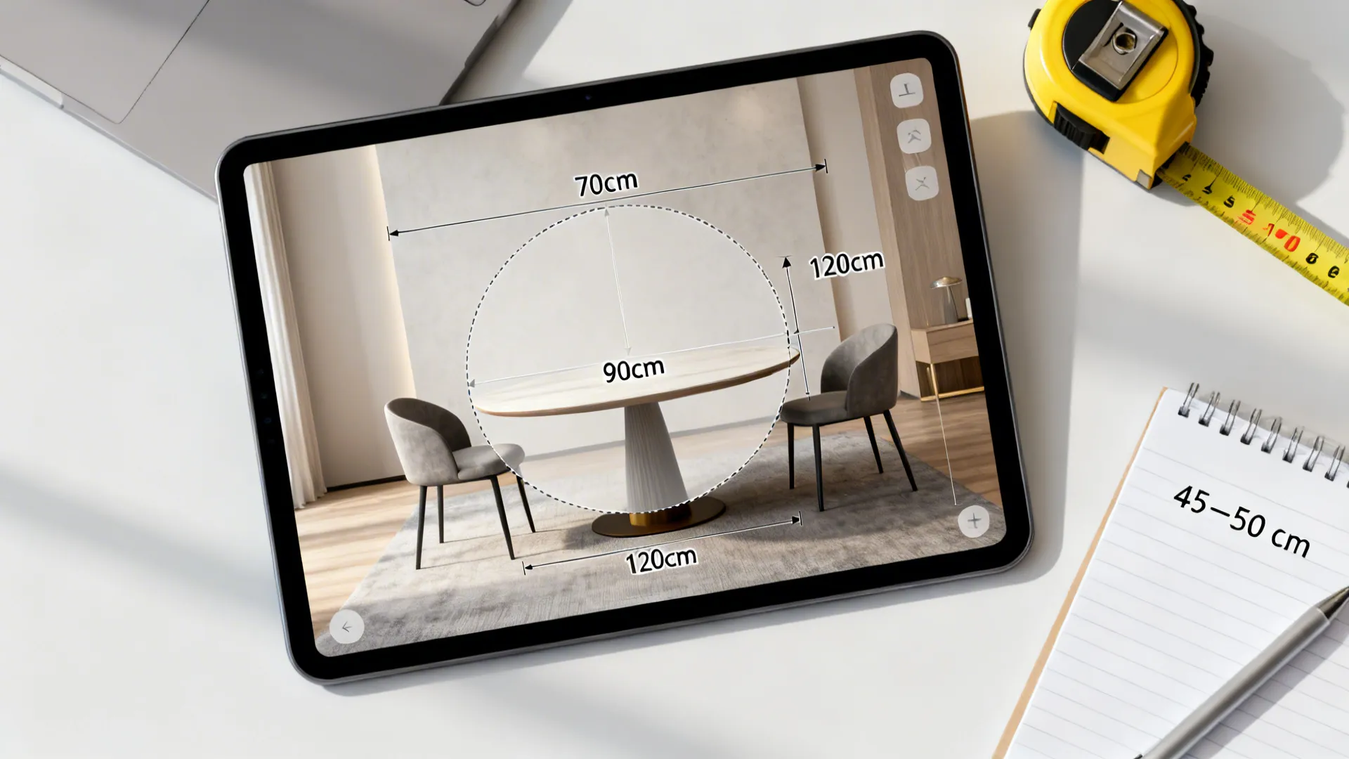 Top-down view of a tablet showing a room planner with round table size overlays and measuring tape.