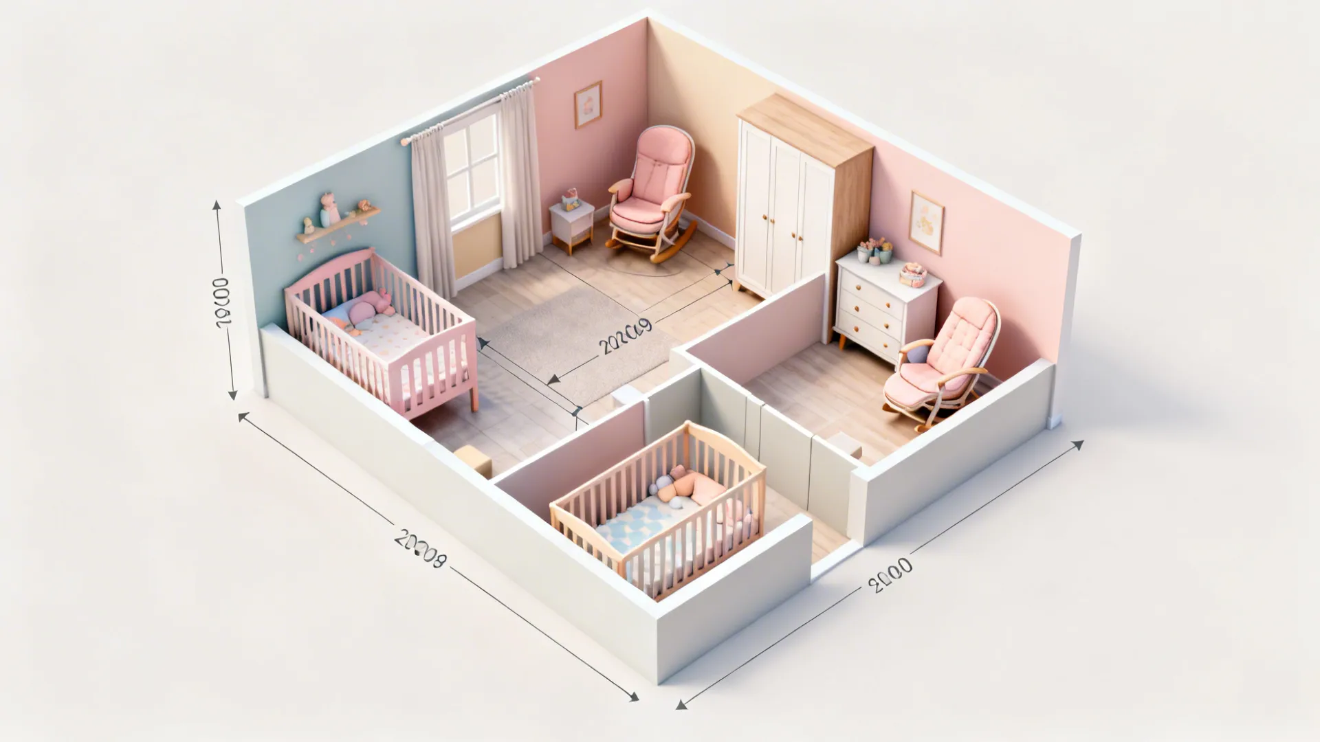 Top-down 3D floor planner mockup showing furniture arrangements for a small nursery