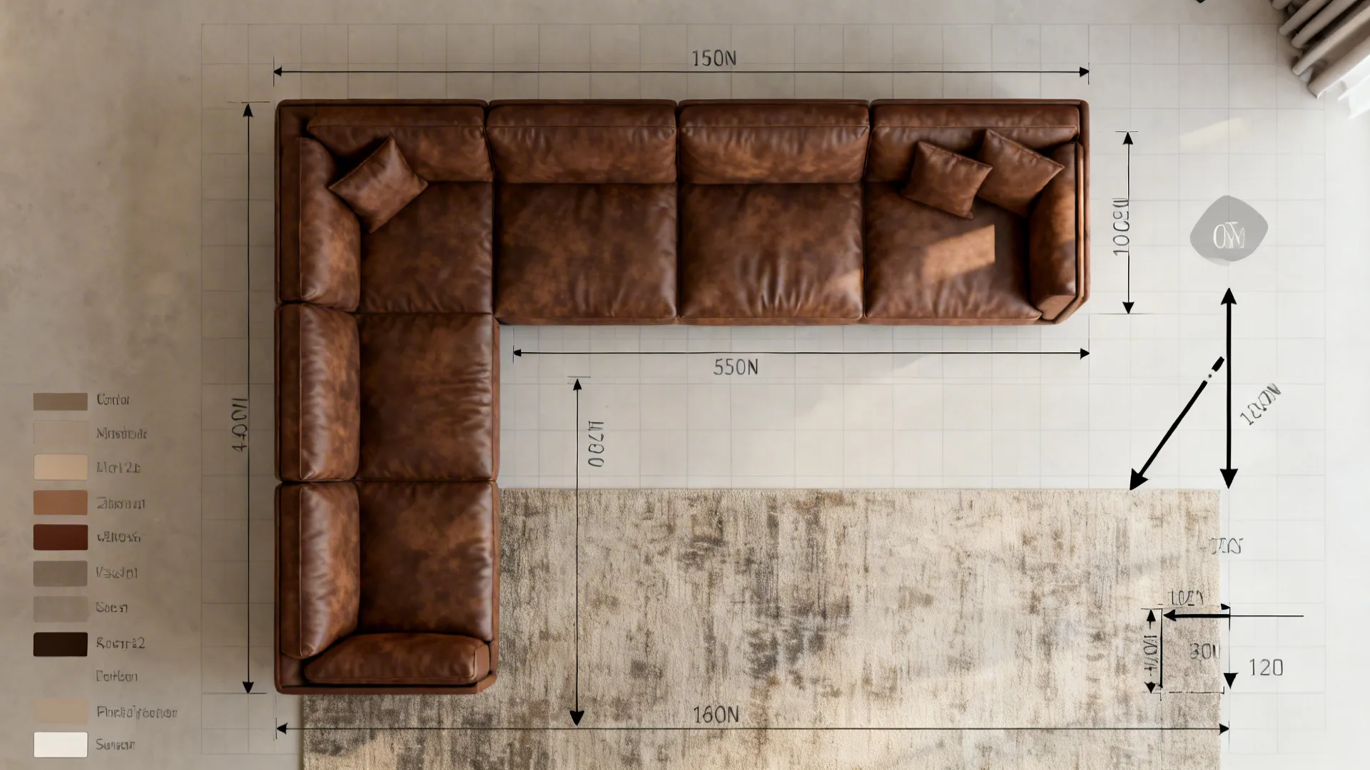 Top-down room planner layout showing sofa placement and traffic flow for a small living room