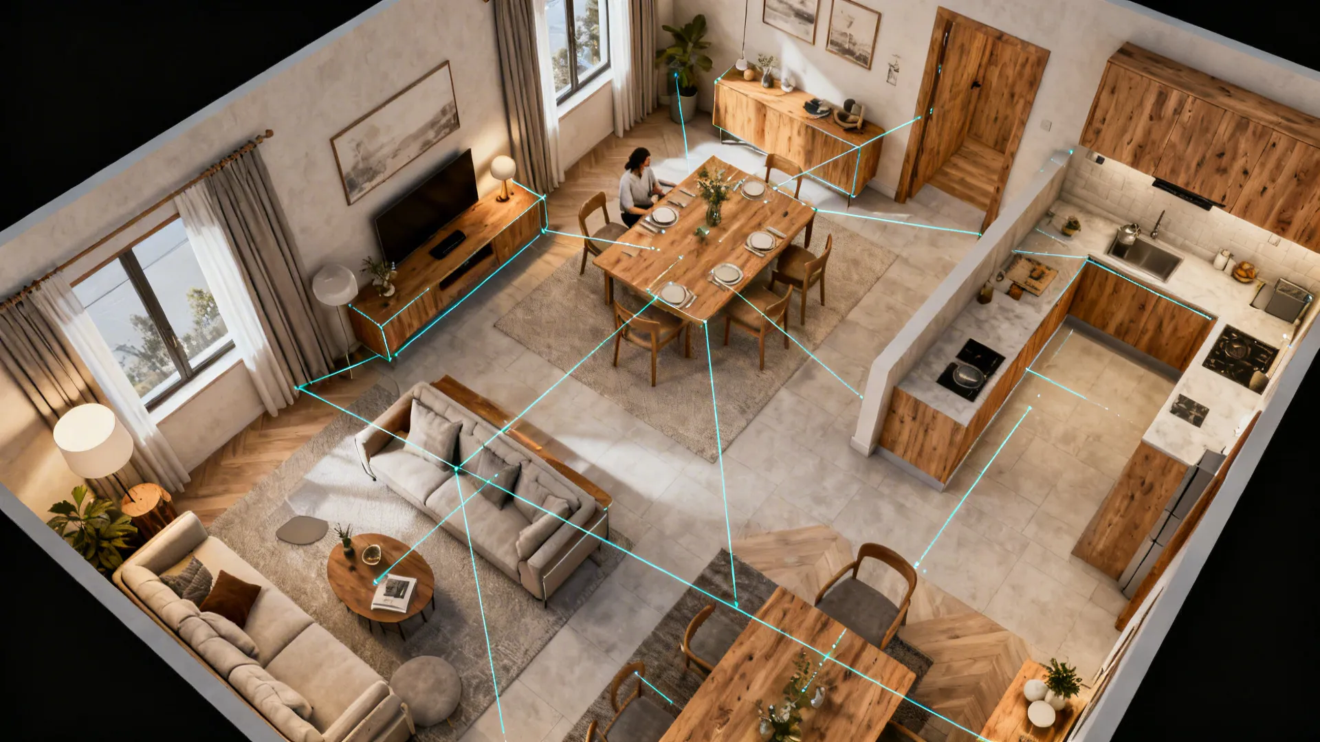 Top-down 3D planner visualization showing furniture arrangements and circulation paths