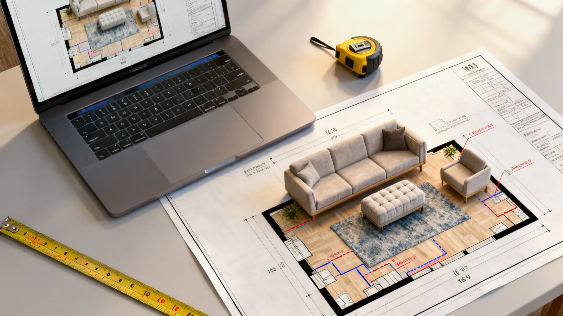 Top-down view of a small living room layout mockup on a laptop with printed plans and measuring tools.