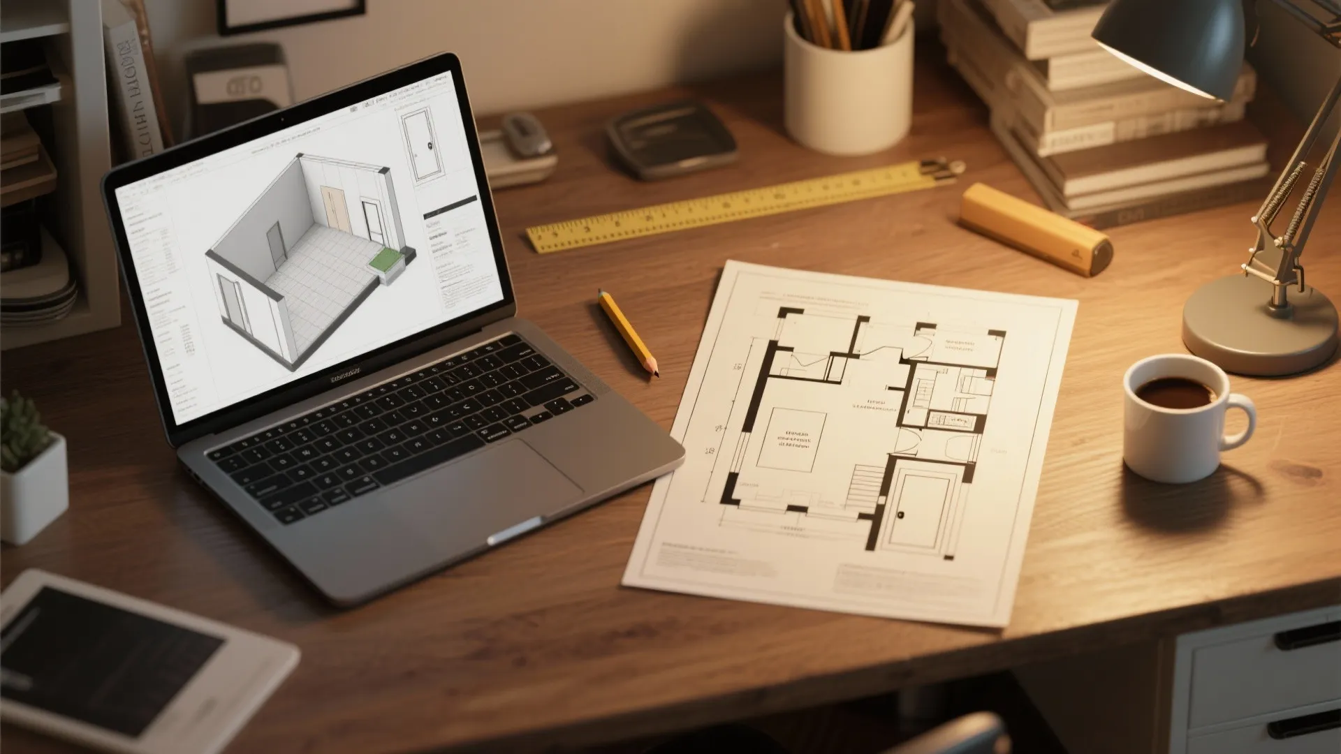 Designer desk with laptop running a 3D floor planner, annotated floorplans and measuring tools for testing door placements.