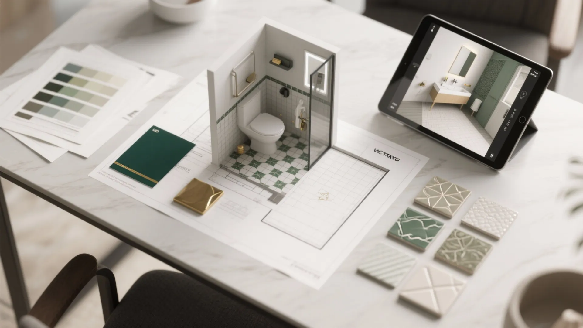Table with bathroom 3D model, floor plan drawing, color palette, tiles, and digital tablet display