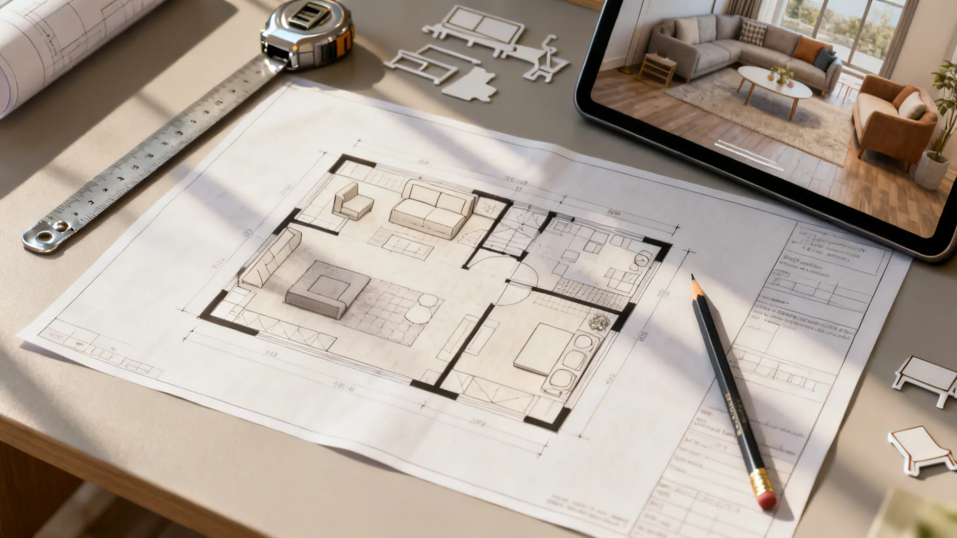 Flatlay of floor planner, measuring tape, pencil, furniture cutouts and tablet showing small living room layout
