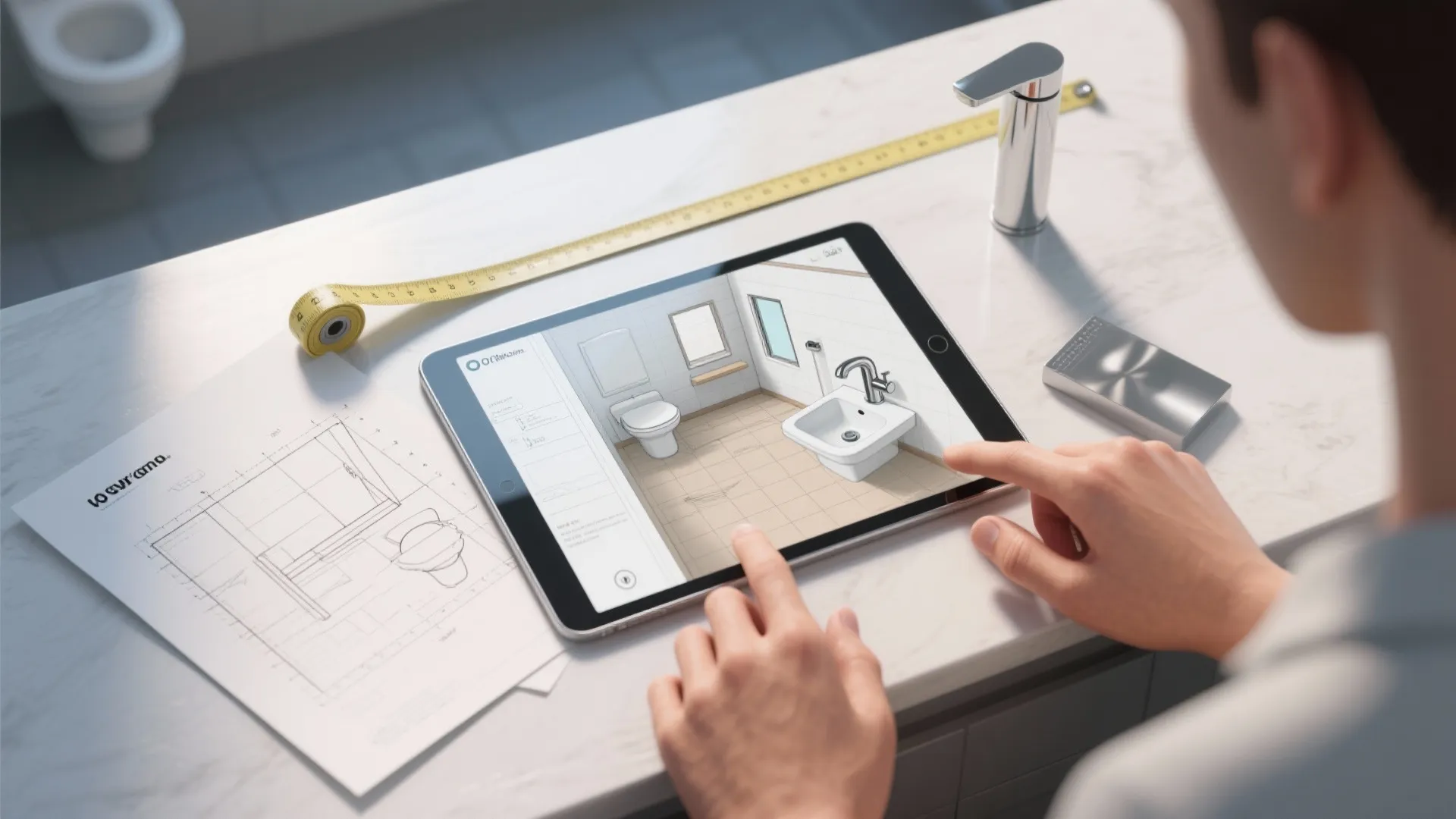 User designing small bathroom on tablet with floor plan paper and measuring tape on marble counter