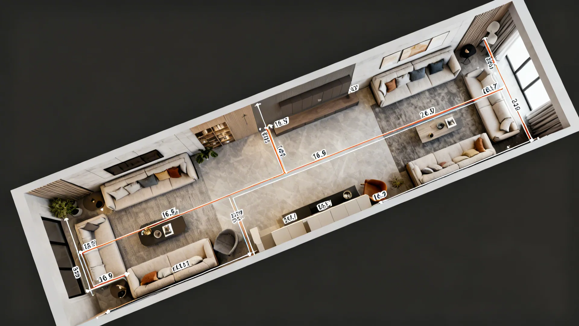 Interior design drawing showing top view of long living room layout with furniture and measurements