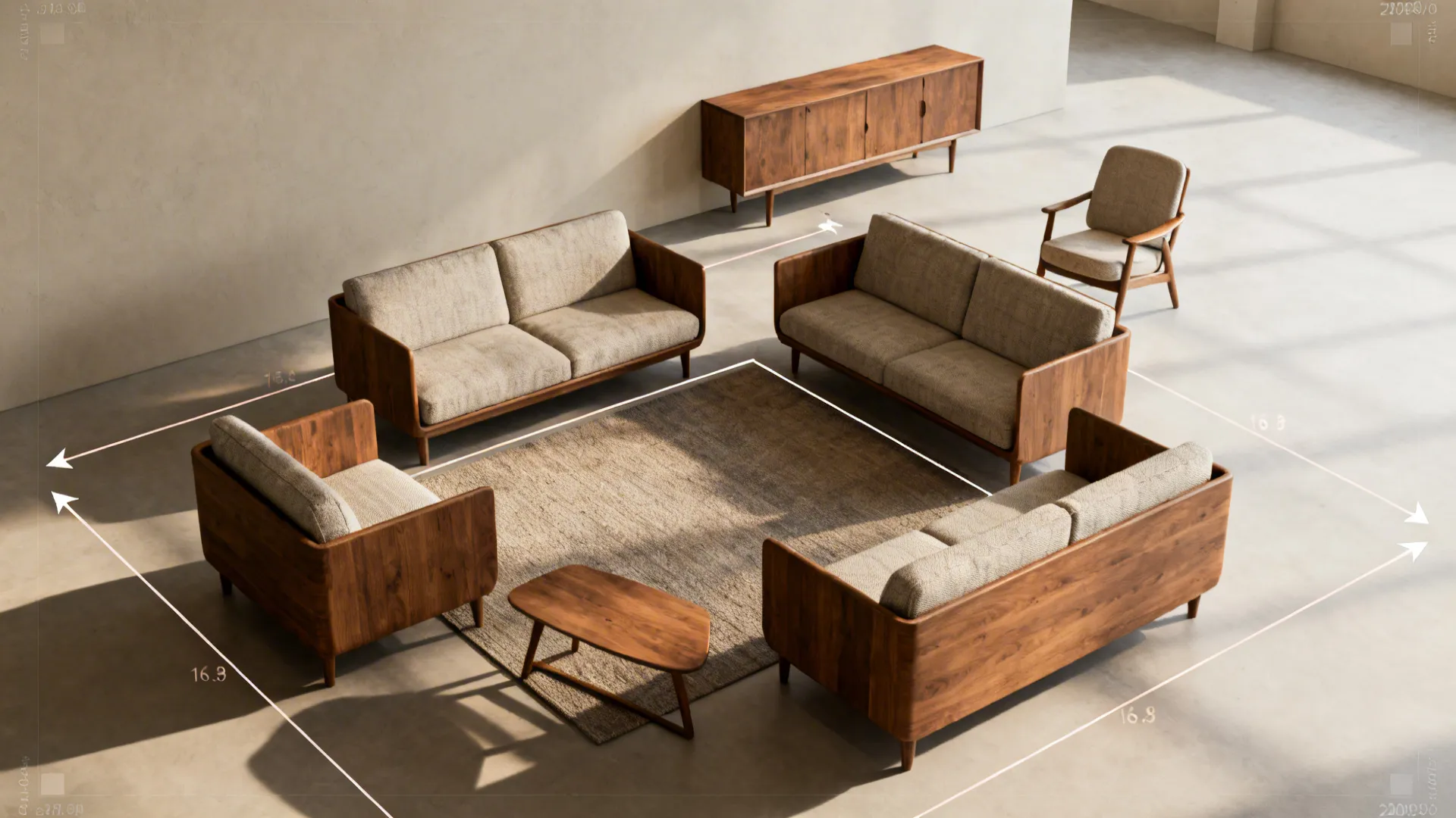 Top-down room planner render comparing furniture layouts and traffic flow in a small mid-century living room.