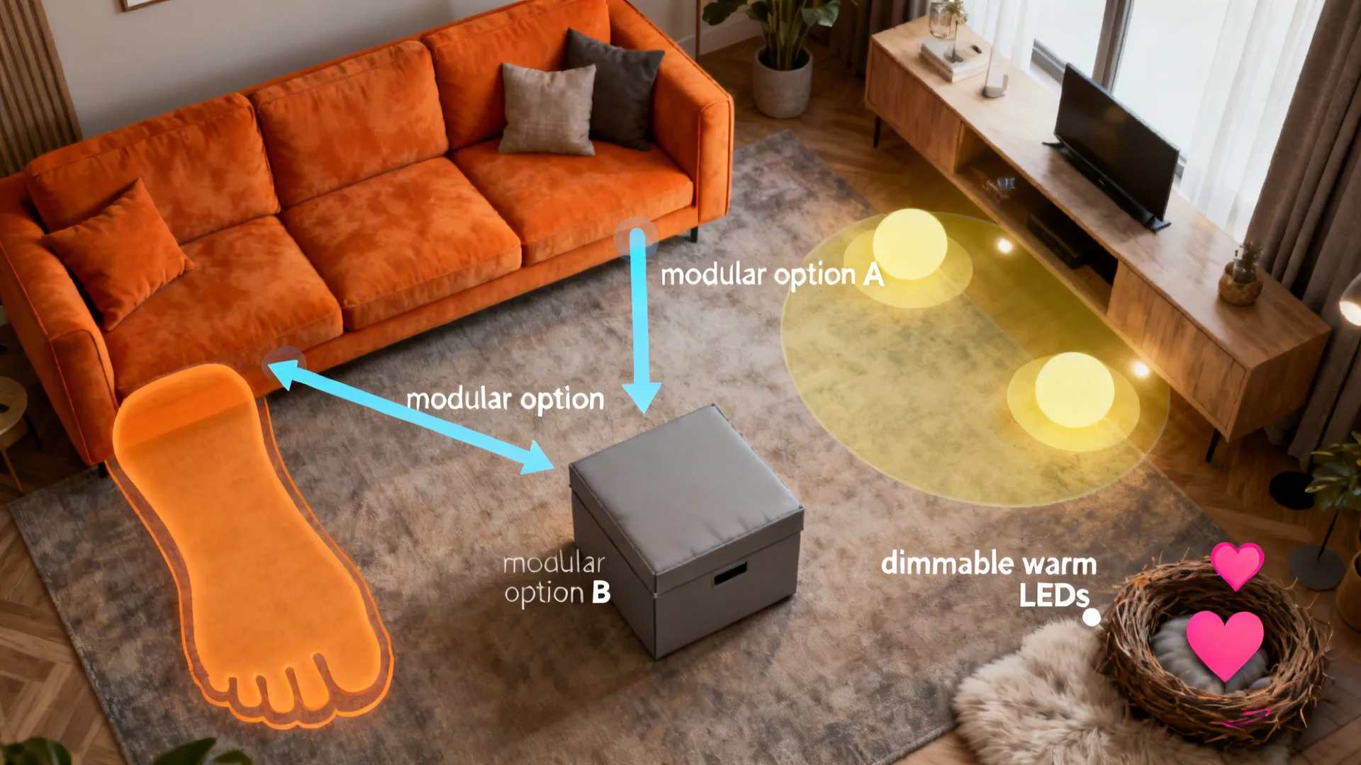 Top-down living room layout planner highlighting sofa footprint, sightlines, lighting zones and storage options.