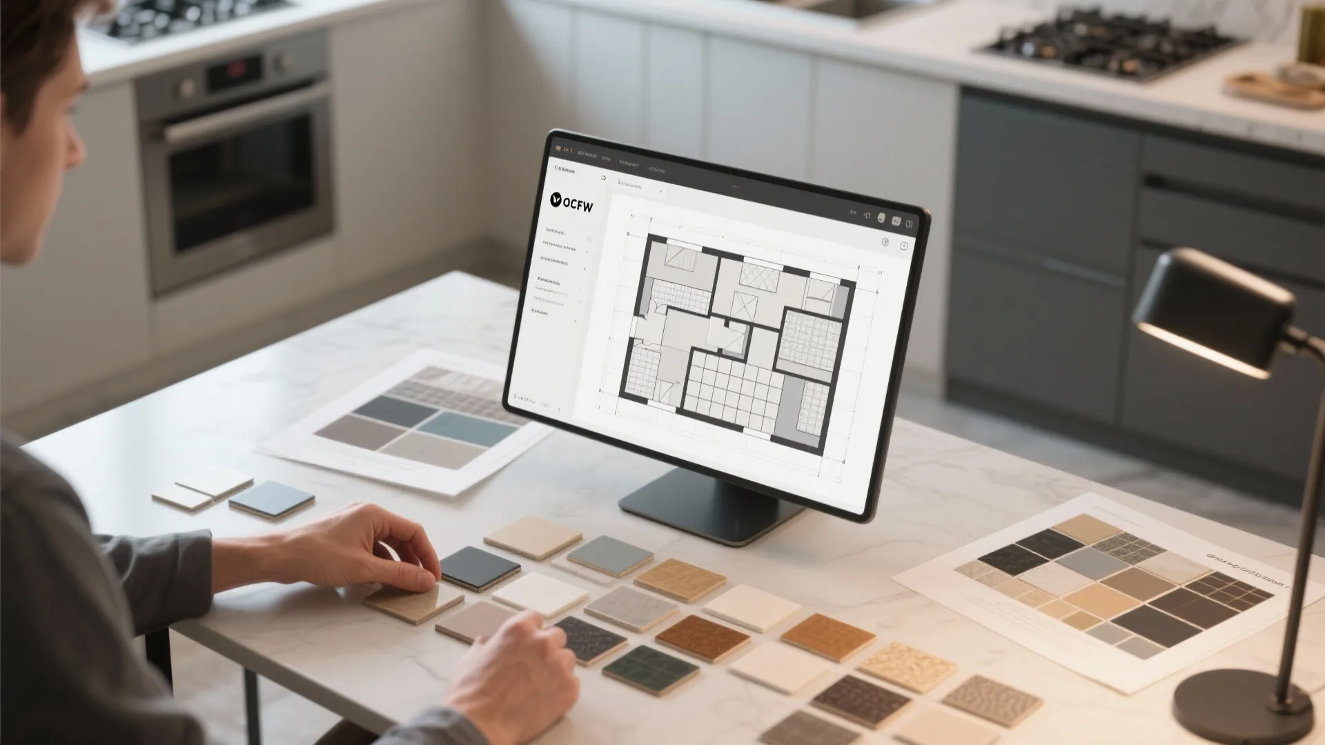 Designer using a computer to create a floor plan with material samples on the desk