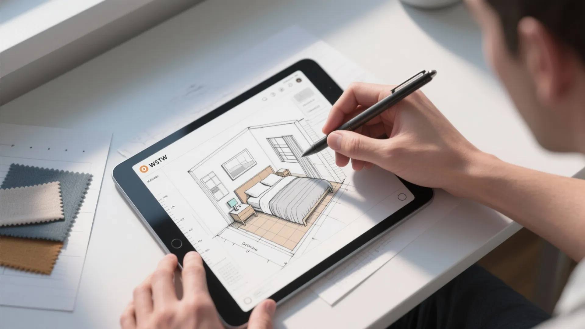 Hand sketching a bedroom layout next to a tablet showing a 3D floor planner