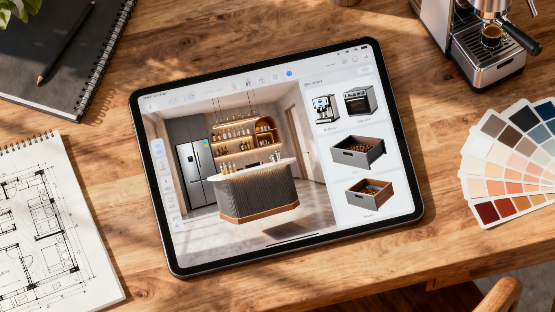 Top-down view of a room planner on a tablet with swatches and appliance references for a small bar layout.