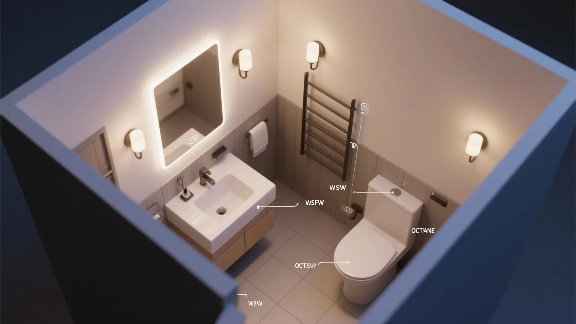 Top-down 3D floor-plan style view showing sconce placement options in a small bathroom.