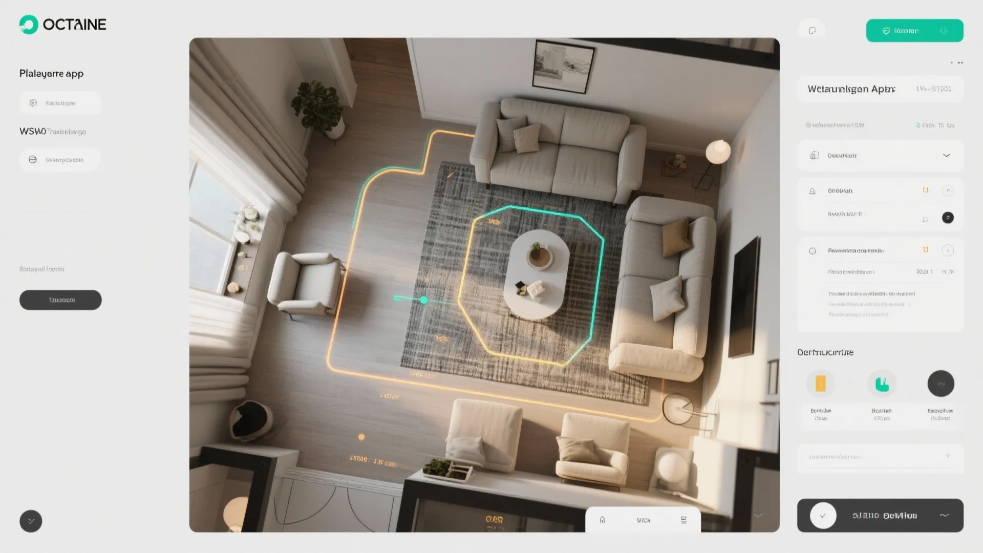 Top-down room planner view showing furniture arrangement, rug scale, and circulation paths.