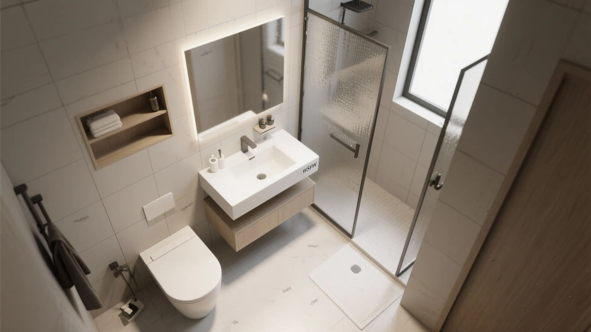 Top down view of small bathroom with white toilet sink lit mirror and glass shower